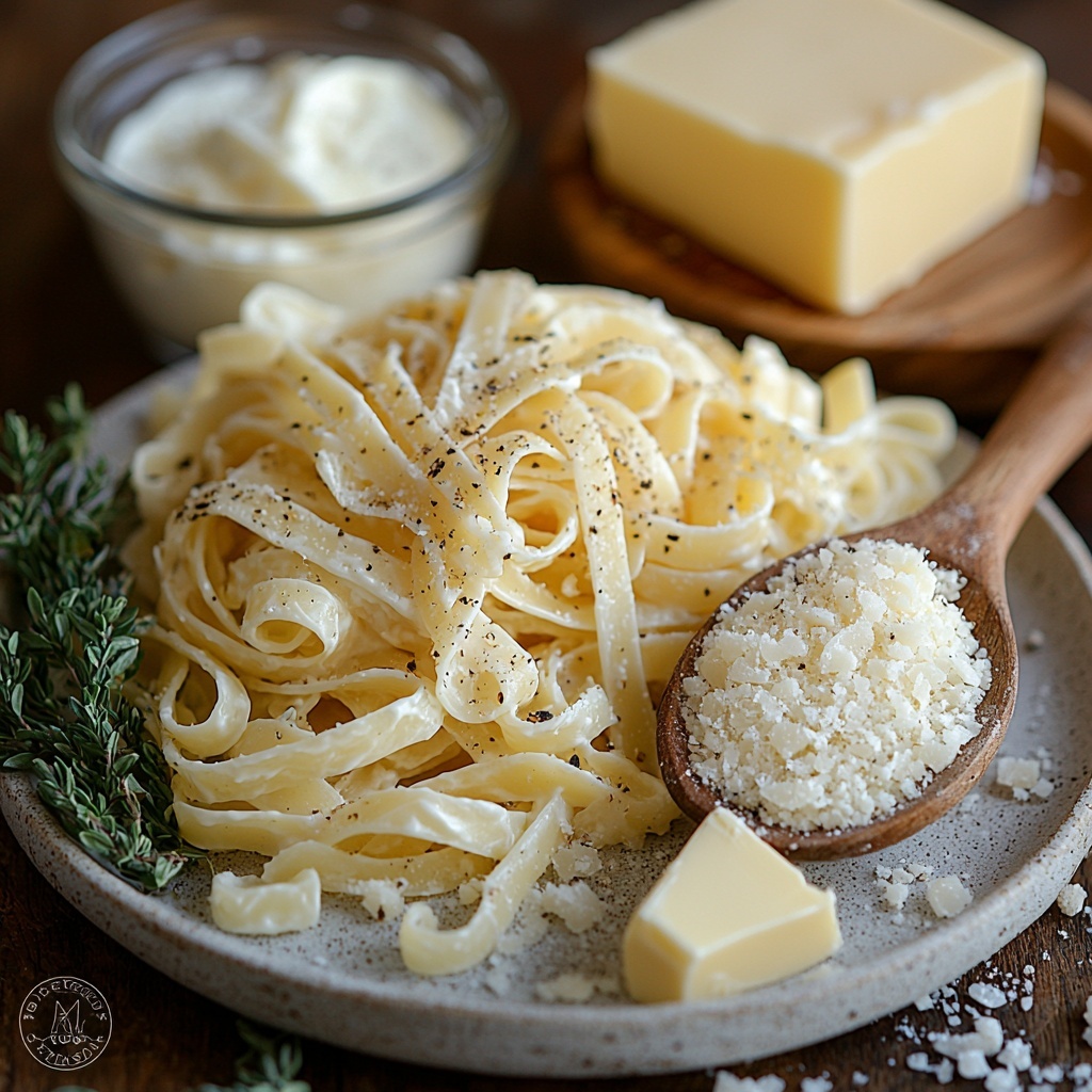 8 oz dry fettuccine pasta neatly coiled in a small pile, a half cup of unsalted butter in a rustic wrapped stick form, three peeled garlic cloves with one finely minced on a small wooden spoon, a small glass bowl filled with rich, silky heavy cream, a heap of freshly grated pale yellow Parmesan cheese on a white ceramic plate, scattered coarse sea salt crystals and whole black peppercorns artfully placed around. All ingredients are arranged on a clean, matte white surface with soft natural lighting, creating gentle shadows and highlighting the creamy textures and subtle color contrasts. Minimalistic styling with a touch of rustic charm, focusing on freshness and simplicity, overhead shot, top down view, flat lay photography, professional food styling --ar 1:1 --q 2 --s 750 --v 6.1