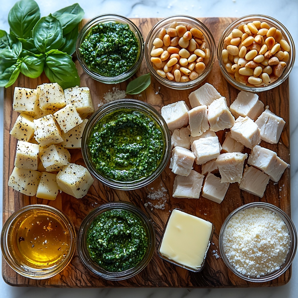 twelve ounces uncooked spaghetti coils, small glass bowl of bright green pesto, diced raw chicken breast cubes seasoned with dried basil and oregano, small ramekins with olive oil and melted butter, a pat of butter on a wooden board, measuring spoons with flour and salt and pepper, a cup of creamy half and half beside a small pitcher of heavy whipping cream, clear bowl of light golden chicken broth, a heap of shredded pale yellow Parmesan cheese, fresh green basil leaves scattered delicately, a small dish of golden toasted pine nuts; all ingredients arranged neatly on a clean white marble surface with soft natural lighting to highlight the rich textures and vibrant colors, gentle shadows for depth, elements spaced evenly with a mix of bowls, wooden boards, and small dishes for inviting texture contrast, a few loose basil leaves and pine nuts artistically placed for visual interest, overhead shot, top down view, flat lay photography, professional food styling --ar 1:1 --q 2 --s 750 --v 6.1