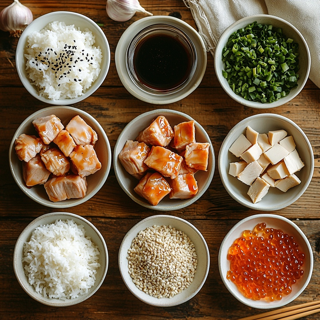 A clean, light wooden surface with all ingredients for sticky chicken rice bowls neatly arranged in small white ceramic bowls and dishes: a bowl of fluffy cooked white rice with subtle individual grains visible; diced raw chicken breast pieces on a simple white plate, showcasing fresh pink hues; a small glass bowl of dark amber soy sauce reflecting light; a honey dipper resting in a small clear jar of golden honey with rich, sticky texture; a tiny bowl of clear, pale rice vinegar; two peeled garlic cloves alongside a small pile of finely minced garlic with a slightly glossy texture; a small white ramekin containing white cornstarch powder; a tiny clear bowl with water next to it; a small dish filled with deep brown sesame oil catching a warm glint; scattered chopped bright green onions on a white plate adding fresh color; and a small bowl of light tan sesame seeds with a slightly rough texture. The ingredients are spaced evenly with subtle shadows and soft bright natural lighting highlighting colors and textures, surrounded by minimalistic white linen napkins and a delicate pair of chopsticks positioned diagonally nearby. The styling is clean, modern, and inviting, focusing on freshness and simplicity. Overhead shot, top down view, flat lay photography, professional food styling --ar 1:1 --q 2 --s 750 --v 6.1