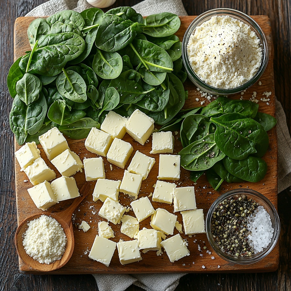 Fresh spinach leaves in a vibrant deep green, loosely piled; glossy cubes of cream cheese with a soft, creamy texture; a small mound of finely grated parmesan cheese, snowy white and fluffy; a halved white onion showing smooth, layered rings; minced garlic in tiny pale yellow pieces gently scattered; thin, bright green slices of jalapeno pepper with seeds visible; a few spoons of golden yellow butter, solid and slightly shiny; light beige all-purpose flour sprinkled softly on a wooden spoon; a small clear glass bowl with warm, amber-colored vegetable stock; salt and freshly ground black pepper in tiny piles, the salt sparkling white and the pepper coarse and dark; all ingredients carefully spaced and arranged on a clean, light textured wooden surface with soft natural light highlighting their fresh, natural colors and textures, styled with minimal rustic props like a linen napkin and a wooden spoon for contrast and warmth, shadows soft and subtle for a cozy, inviting feel — overhead shot, top down view, flat lay photography, professional food styling --ar 1:1 --q 2 --s 750 --v 6.1