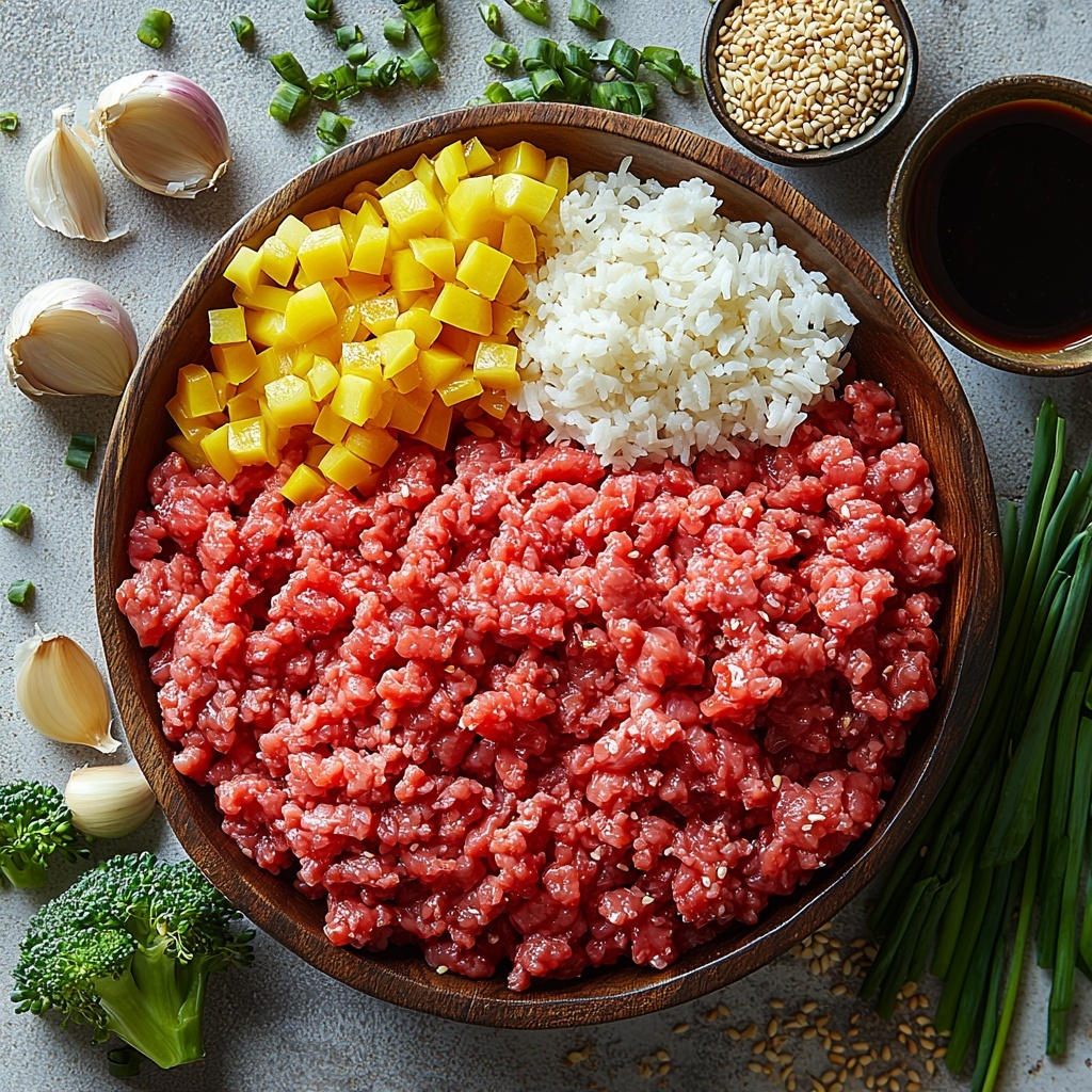 a vibrant flat lay of fresh cooking ingredients arranged neatly on a clean white surface: raw ground beef with a rich deep red color beside minced garlic cloves scattered casually, freshly grated pale yellow ginger slices in a small wooden bowl, a small glass bowl filled with dark soy sauce glossy and smooth, a heap of golden brown sugar crystals sparkling gently, a small dish of amber-hued sesame oil, diced red and green bell peppers displaying bright contrasting colors, fresh green broccoli florets with a textured surface, a bowl of fluffy white rice grains with a soft matte finish, sliced green onions with vivid green rings fanned out elegantly, and a small pile of tiny white sesame seeds scattered artistically nearby; natural daylight casting soft shadows to accentuate textures and color contrasts, minimalist rustic styling with light wooden accents and neutral linen cloth, clean and tidy composition emphasizing the freshness and variety of each ingredient overhead shot, top down view, flat lay photography, professional food styling --ar 1:1 --q 2 --s 750 --v 6.1