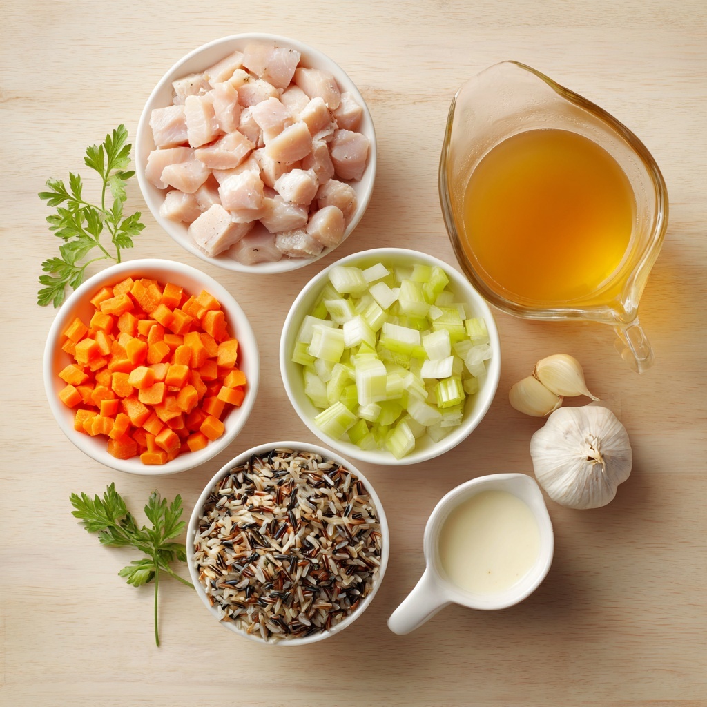 3 cups diced boneless, skinless chicken breasts, raw and pale pink with a smooth texture; 1 cup wild rice blend showing a mix of dark brown, black, and white grains, scattered loosely; 1 cup diced carrots, bright orange cubes with a fresh, crisp appearance; 1 cup diced celery stalks, light green with fibrous texture; 1 medium chopped onion, white and purple layers visible, slightly translucent edges; 3 cloves garlic, whole and peeled, creamy white with a slightly rough surface; 6 cups low-sodium chicken broth in a clear glass measuring cup showing golden amber liquid; 1 cup heavy cream in a small white ceramic bowl with a smooth, glossy surface. All ingredients neatly arranged on a clean, light wooden surface with natural daylight highlighting the vibrant colors and fresh textures, minimal shadows, a few sprigs of fresh parsley scattered to add subtle green contrast, shot with shallow depth of field for soft focus on edges. overhead shot, top down view, flat lay photography, professional food styling --ar 1:1 --q 2 --s 750 --v 6.1