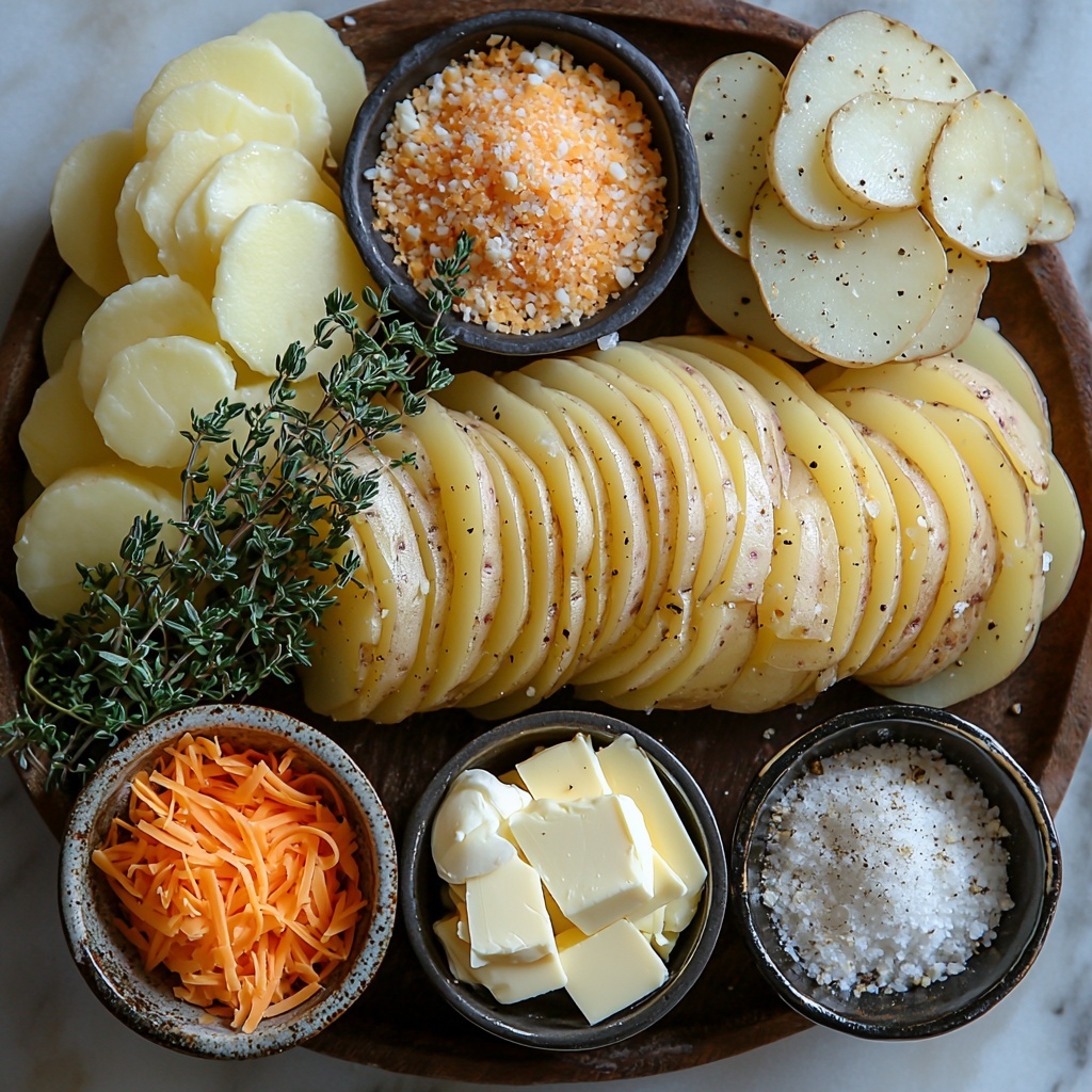 Yukon Gold and Russet potatoes thinly sliced about 1/8-inch thick, arranged in neat overlapping stacks showing their pale yellow and light brown skins; two tablespoons of creamy yellow butter in a small vintage dish; two cloves of garlic, one whole and one minced, bright white with papery skins beside them; a small glass bowl of rich heavy cream with a glossy surface; sprigs of fresh green thyme and a small heap of dried thyme leaves; a rustic wooden spoon holding coarse salt crystals; a small black bowl with cracked black peppercorns; a small pile of vibrant shredded cheddar cheese with bright orange strands; a second bowl with finely grated pale Parmesan cheese; and a tiny heap of deep orange paprika powder; ingredients spread evenly on a clean white marble surface that enhances the colors and textures; soft natural daylight casting gentle shadows, minimalistic styling with a few rustic linen napkins partially visible at edges, creating warm inviting tones; overhead shot, top down view, flat lay photography, professional food styling --ar 1:1 --q 2 --s 750 --v 6.1