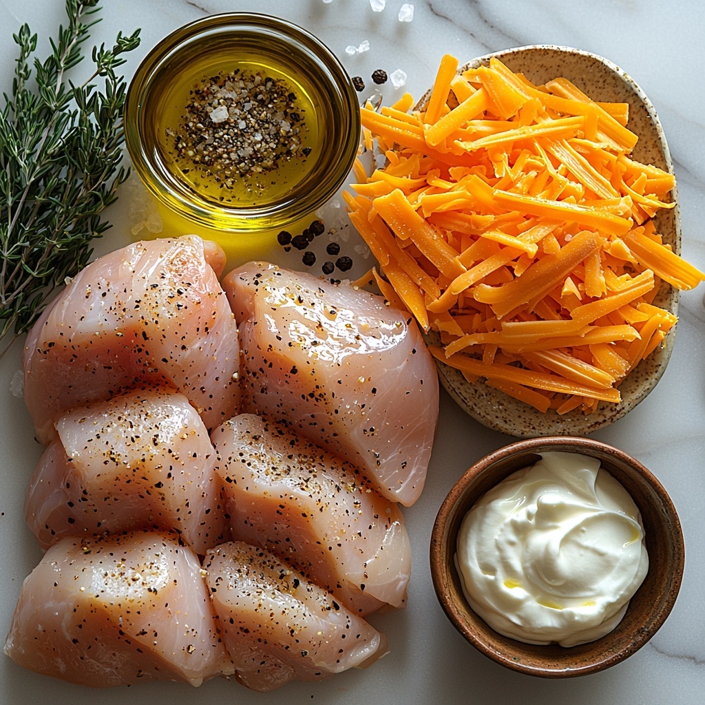 4 boneless skinless chicken breasts raw with pale pink smooth texture, a small bowl of white creamy sour cream, a rustic packet of golden brown onion soup mix with visible dried herbs, a heap of bright orange shredded cheddar cheese with soft fine texture, a small glass bowl of golden olive oil shimmering under light, scattered coarse salt crystals and black peppercorns, all neatly arranged on a clean white marble surface with natural light casting soft shadows, minimalistic and balanced composition emphasizing fresh colors and textures, overhead shot, top down view, flat lay photography, professional food styling --ar 1:1 --q 2 --s 750 --v 6.1