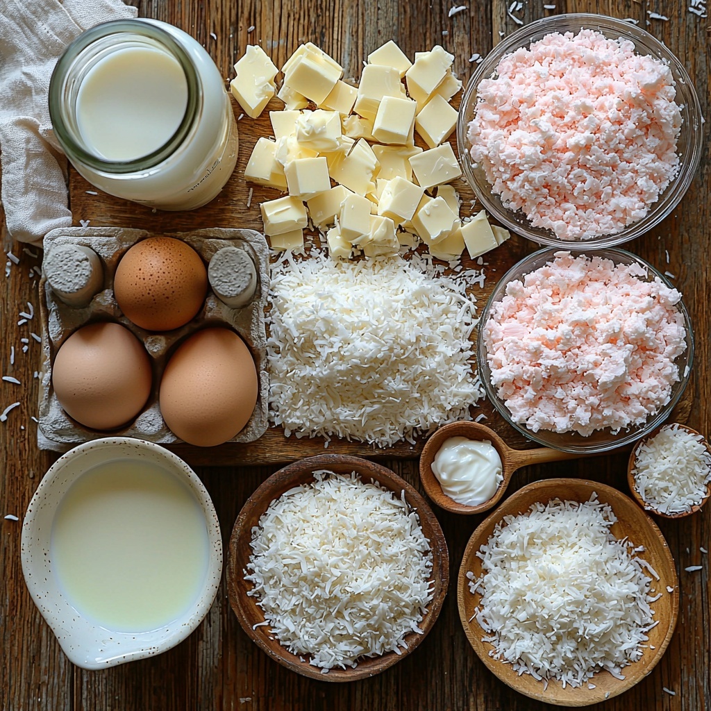 vanilla cake mix box, large eggs, vegetable oil in a clear glass measuring cup, milk in a small glass pitcher, vanilla extract bottle, a few drops of pink food coloring on a white ceramic spoon; sweetened condensed milk can opened with a small bowl of thick condensed milk nearby, shredded coconut loosely piled and spilling softly onto the surface, melted butter in a small clear bowl with a golden sheen; extra shredded coconut scattered delicately around, white chocolate drizzle artfully swirled on a small plate. All ingredients arranged neatly on a clean, bright white marble surface with natural soft daylight highlighting the pastel pink hues of the coloring and the creamy textures of the coconut and butter. Subtle shadows add depth, with minimal props such as a wooden spoon and a linen napkin in a soft cream color for warmth. The composition balances rustic charm and modern elegance, emphasizing the softness and richness of the ingredients in a harmonious flat lay layout. overhead shot, top down view, flat lay photography, professional food styling --ar 1:1 --q 2 --s 750 --v 6.1
