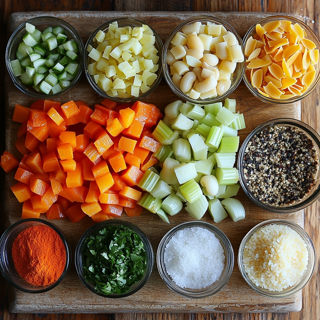 Image of a clean, light wooden surface with all main ingredients for minestrone soup artfully arranged for flat lay photography: a small glass bowl of golden olive oil, a medium chopped yellow onion with translucent layers visible, three peeled garlic cloves minced finely, two bright green chopped celery ribs, two vibrant orange peeled and sliced carrots, a rustic measuring cup filled with rich red crushed tomatoes in a can, two small bowls holding drained dark red kidney beans and creamy white beans, a pile of fresh, chopped bright green green beans, a medium chopped zucchini showing pale green and white flesh, a small glass jar of mixed Italian seasoning herbs with specks of green and brown, a teaspoon of fine white sugar, a small mound of uncooked elbow pasta shells in a warm beige tone, coarse salt and cracked black pepper sprinkled lightly on a slate dish, and a rustic bowl of finely grated pale yellow parmesan cheese with fluffy texture.
The ingredients are carefully spaced to showcase varying colors and textures—shiny oil, smooth beans, crisp vegetables, and grainy cheese—arranged with natural light casting soft shadows highlighting freshness and vibrancy. Minimal props with neutral linens and wooden utensils subtly placed at edges add warmth and authenticity.
overhead shot, top down view, flat lay photography, professional food styling --ar 1:1 --q 2 --s 750 --v 6.1