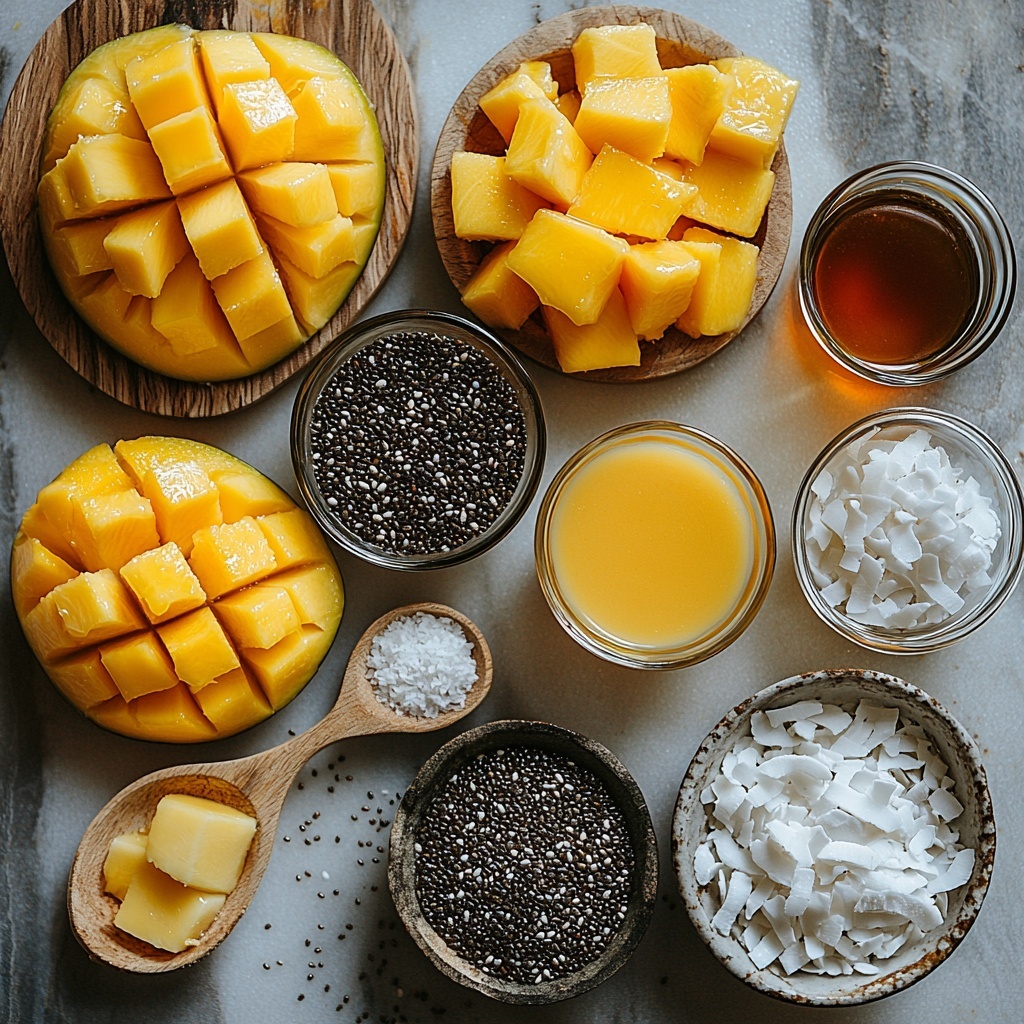 A flat lay of the main ingredients for mango coconut chia pudding artfully arranged on a clean white marble surface. Small clear glass bowls containing translucent black chia seeds, smooth and creamy white coconut milk in a rustic ceramic jug, a wooden spoon with amber 100% real maple syrup glistening under soft light. A small vintage bowl with delicate, fluffy unsweetened coconut flakes showing off their snowy texture sits nearby. A perfectly ripe mango, bright golden yellow with hints of orange, is diced neatly on a small wooden cutting board, with some whole mango slices fanned out for contrast. A small white ceramic spoon holds a heap of fine vanilla powder, and a tiny glass dish with coarse sea salt crystals adds texture. Natural soft daylight from the side creates gentle shadows, enhancing the textures and vibrant colors. Minimalist styling with subtle rustic elements, clean and fresh aesthetic. Overhead shot, top down view, flat lay photography, professional food styling --ar 1:1 --q 2 --s 750 --v 6.1