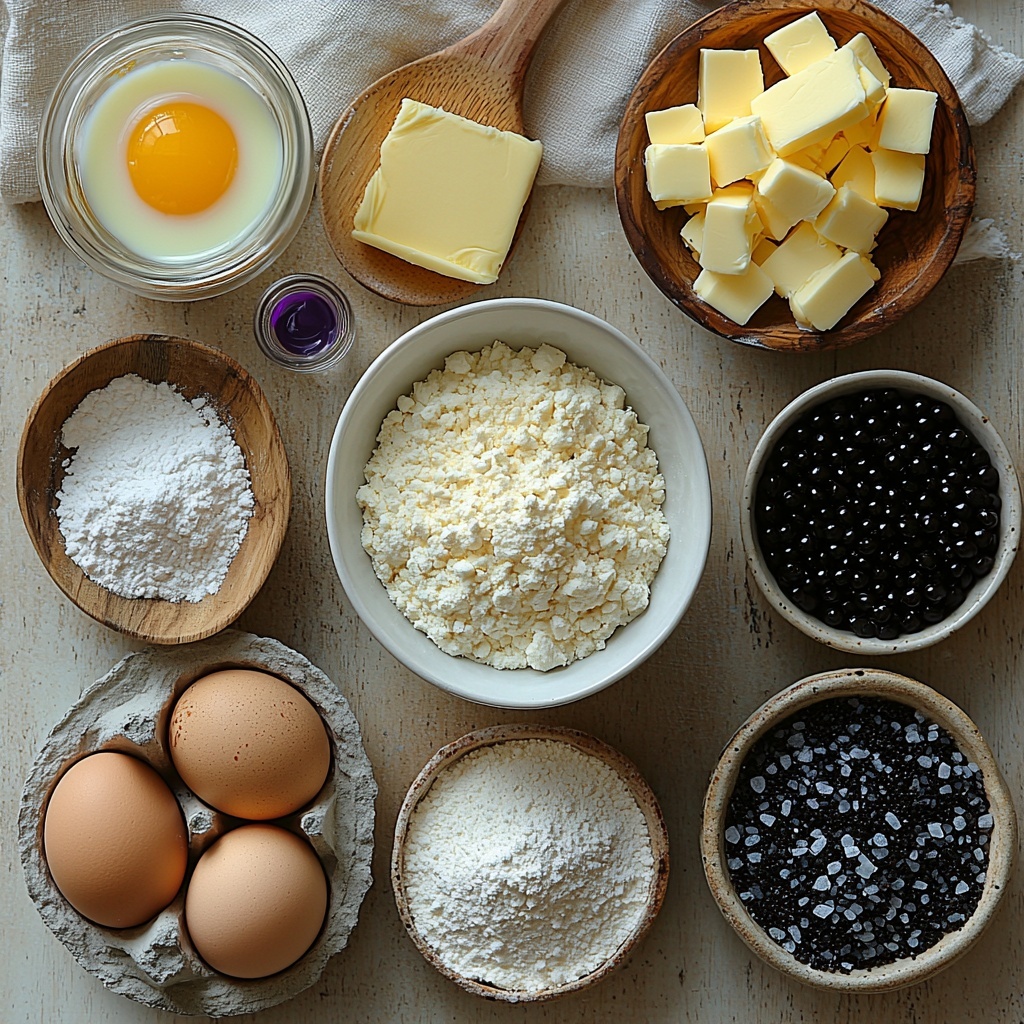 A clean, bright surface with all main ingredients for Magical Spiral Cookies artfully arranged in an organized flat lay: a small bowl of soft unsalted butter at room temperature with smooth texture, a mound of fine powdered sugar in a white ceramic bowl, two fresh whole eggs with smooth brown shells, a small glass of creamy milk, tiny glass containers holding clear vanilla extract and almond extract, a neat pile of all-purpose flour with a slight powdery texture, a small sprinkle of fine salt crystals, two small dollops of vibrant gel food coloring—one deep royal purple and one rich black—spread on a white ceramic palette to show their gel texture, a scattering of bright purple sugar sprinkles alongside a small dish filled with dark black or chocolate sprinkles with coarse texture. Soft natural lighting emphasizes the contrast between the creamy, powdery, and glossy ingredients. The arrangement is in clean lines and clusters with negative space for visual balance, styled with minimal props like a wooden spoon and a linen napkin folded gently nearby. Overhead shot, top down view, flat lay photography, professional food styling --ar 1:1 --q 2 --s 750 --v 6.1