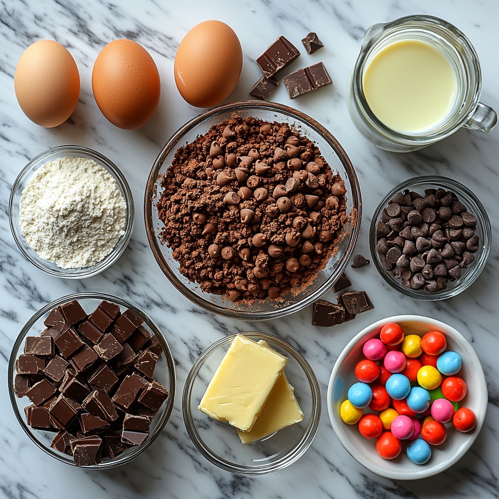 a clean, bright kitchen surface featuring the main ingredients for Better than CRUMBL Cosmic Brownie Cookies arranged neatly in a flat lay style: a clear glass bowl with 1 cup + 2 tbsp all-purpose flour, a small bowl with rich dark brown 1/4 cup cocoa powder, a tiny dish with 1 tsp baking powder, a pinch of salt on a small white plate, a stick of pale yellow butter on a wooden butter knife, two large brown eggs with smooth shells, 8 oz and 6 oz glossy semi-sweet chocolate chips in separate small bowls showcasing their shiny texture, a small glass pitcher with creamy 1/4 cup heavy cream, two small bowls – one filled with deep golden-brown 2/3 cup brown sugar and another with sparkling white 1/2 cup granulated sugar crystals, a small clear bowl with amber vanilla extract, and colorful rainbow chocolate candies scattered artistically around for pops of vibrant reds, blues, greens, and yellows; all items arranged with deliberate spacing on a pristine white marble surface to highlight contrasting textures and colors; soft natural daylight illuminating the scene to enhance the cupcakes’ rich chocolate tones and the sugars’ sparkling grains, shadows subtle and soft, styled with minimal props for a clean, inviting look; overhead shot, top down view, flat lay photography, professional food styling --ar 1:1 --q 2 --s 750 --v 6.1
