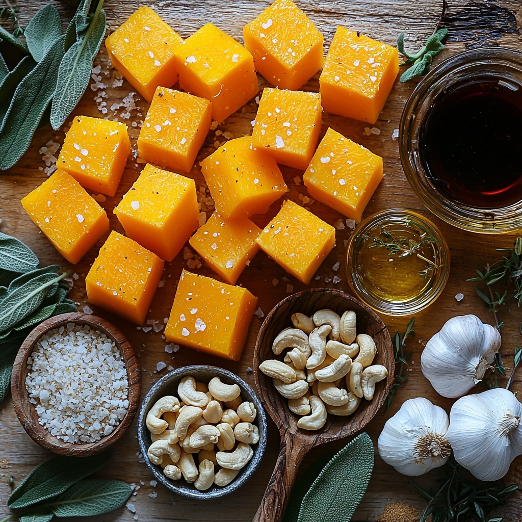 half a small butternut squash (halved vertically, bright orange flesh with pale tan skin), two coarsely chopped shallots (light purple and white tones), three unpeeled garlic cloves (rough, papery off-white skins), a small bowl of raw cashews (creamy beige, smooth texture), a small glass bowl with golden extra-virgin olive oil, a rustic spoon with nutritional yeast flakes (pale yellow, flaky texture), a small dish of dark balsamic vinegar, fresh sage leaves (deep green, slightly fuzzy), fresh thyme sprigs (bright green, delicate leaves), uncooked rotini pasta (golden yellow spiral shapes), coarse sea salt crystals scattered lightly around, freshly ground black peppercorns in a tiny pile, all meticulously arranged on a clean, neutral light wood or white surface with soft natural lighting emphasizing warm autumnal colors and varied textures; edges styled with a few loose thyme leaves and a drizzle of olive oil for visual interest, minimal shadows, sharp focus, inviting, warm and rustic atmosphere — overhead shot, top down view, flat lay photography, professional food styling --ar 1:1 --q 2 --s 750 --v 6.1