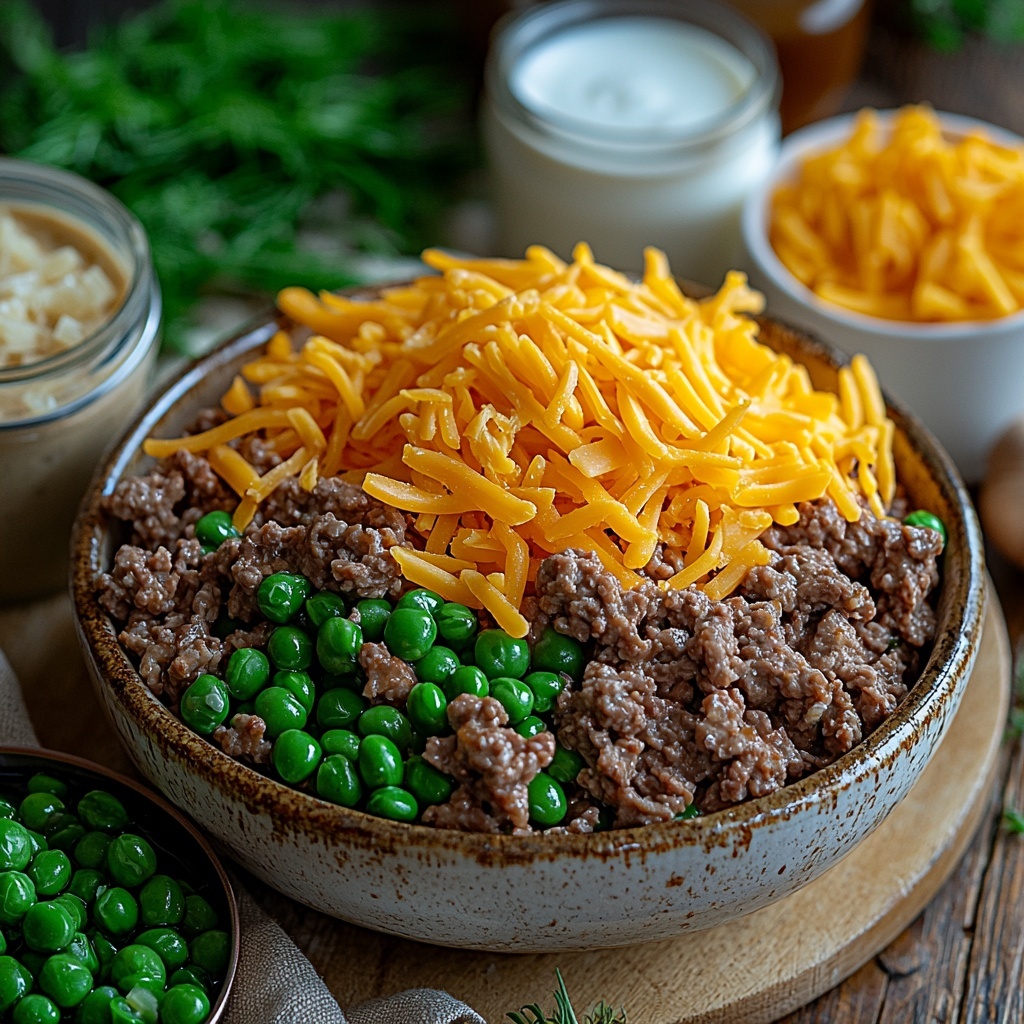 ground beef in a small rustic bowl with rich red and brown hues, a can of bright green beans opened with vibrant green beans spilling slightly, a vintage cream of mushroom soup can with creamy beige soup visible inside a white ceramic ramekin, a glass measuring cup filled with smooth white milk, a heaping pile of shredded cheddar cheese in golden yellow-orange tones on a small wooden board, crispy golden French fried onions loosely scattered in a small white dish, small glass bowls containing light beige garlic powder and onion powder, salt and black pepper in clear glass shakers, all ingredients arranged neatly on a clean, light wood surface with soft natural light highlighting varied textures from creamy to crispy, color contrast between fresh greens, warm yellows, creamy whites, and rich reds, minimalist styling with neutral linen napkin and subtle shadows, overhead shot, top down view, flat lay photography, professional food styling --ar 1:1 --q 2 --s 750 --v 6.1
