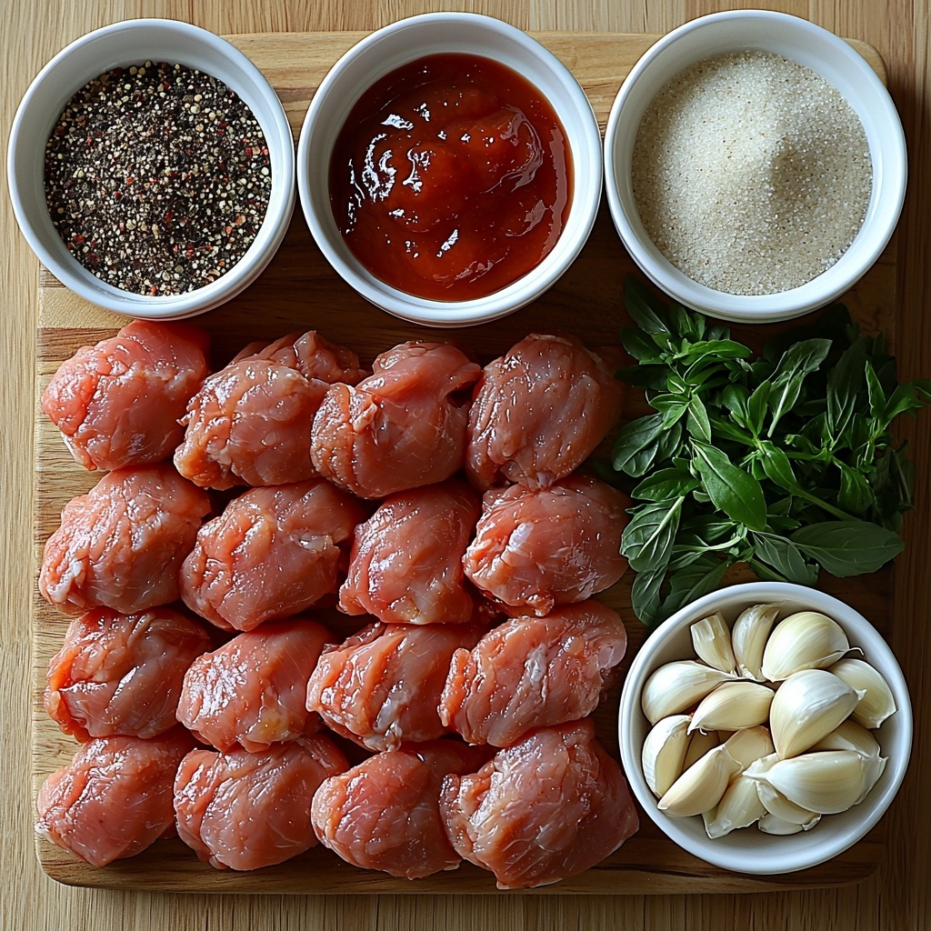 4-6 raw boneless skinless chicken thighs with smooth, pale pink flesh arranged neatly on a clean, light wooden surface; small vintage white bowls holding warm brown sugar crystals, rich dark brown low sodium soy sauce, bright red glossy ketchup, and finely minced fresh garlic with a slightly wet texture; scattered piles of fine pale beige salt, black peppercorns, light tan onion powder, off-white garlic powder, and warm rusty red paprika powders artfully placed around the chicken; a small rustic bowl of dried oregano with muted green leaves, fresh vibrant green chopped parsley sprinkled delicately nearby; soft natural lighting emphasizing the varied textures—glossy sauces, coarse sugar, delicate dried herbs, and tender raw chicken—styled with minimal props to keep focus on ingredients, clean and organized arrangement showcasing color contrast and ingredient variety, clean surface background, overhead shot, top down view, flat lay photography, professional food styling --ar 1:1 --q 2 --s 750 --v 6.1