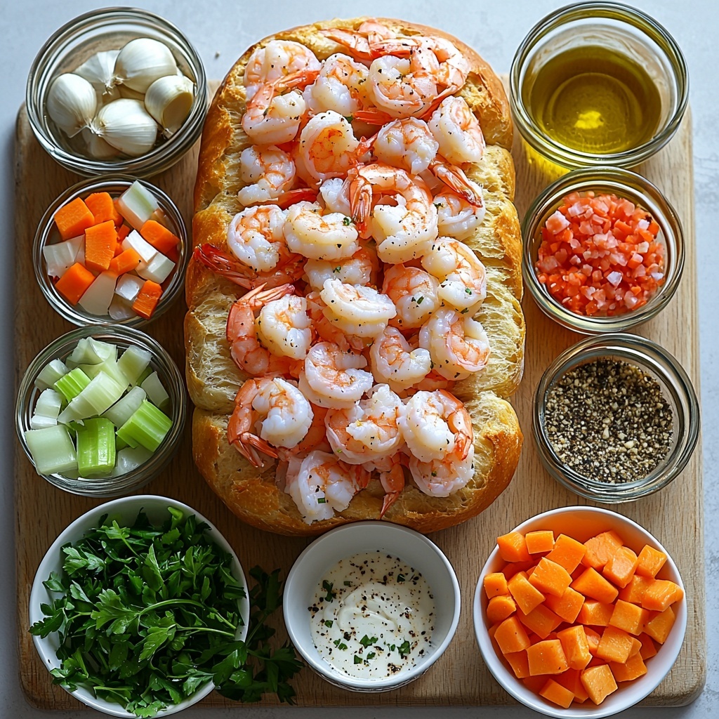 a clean white surface arranged with fresh ingredients for stuffed seafood soup bread bowl: a whole rustic sourdough loaf with a golden crust, a small glass bowl of mixed seafood including pink shrimp, white crab meat, and tender scallops, a small white bowl filled with creamy heavy cream, a clear glass cup of light amber fish stock, neatly diced onions, celery, and bright orange carrots each in separate small white dishes, two peeled garlic cloves roughly minced, a small ceramic dish with golden olive oil, a tiny bowl of reddish-brown Old Bay seasoning, coarse salt and black peppercorns scattered artfully nearby, fresh vibrant green parsley sprigs for garnish, textures ranging from smooth creaminess to crisp vegetables and flaky seafood, colors vivid and natural, arranged symmetrically with balanced spacing on a light wooden board atop the white surface, soft natural lighting highlighting freshness and details, minimal shadows, overhead shot, top down view, flat lay photography, professional food styling --ar 1:1 --q 2 --s 750 --v 6.1