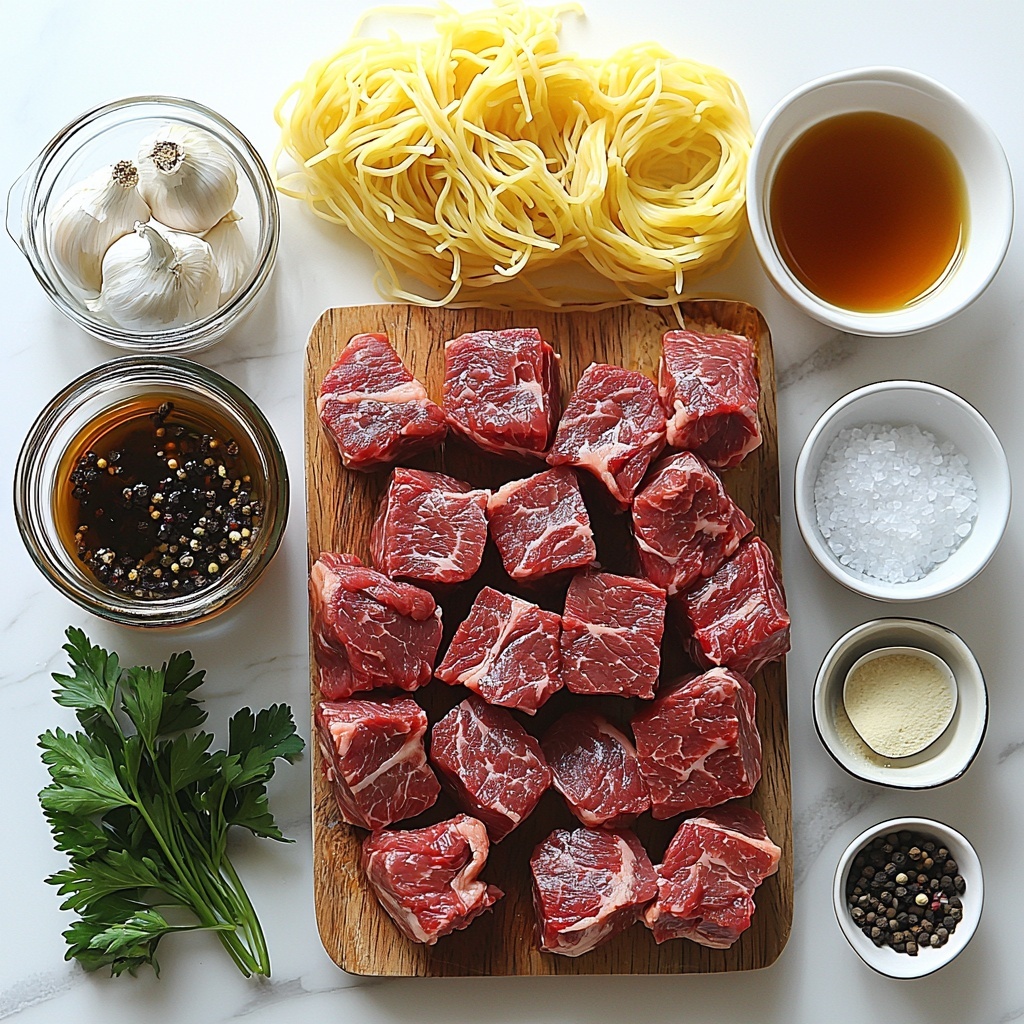A clean white surface with raw beef stew meat cubes rich red and marbled, a small glass bowl of golden olive oil, a medium onion finely chopped in a neat pile showing white and purple layers, three cloves of garlic both whole and minced with their papery skins nearby, a small bowl of deep brown beef broth, a can of cream of mushroom soup with creamy, beige texture visible in a white ceramic bowl, a small dish containing dark brown Worcestershire sauce, a shallow dish of shiny dark soy sauce, a spoonful of white cornstarch powder alongside a small bowl of clear cold water, scattered pinches of onion powder, garlic powder, black pepper, and coarse salt crystals arranged artfully on small white spoons, cooked yellow egg noodles loosely coiled on a wooden plate, and fresh bright green chopped parsley sprinkled around for garnish. The ingredients are spaced evenly in a harmonious composition, emphasizing a variety of textures from smooth liquids to coarse powders and fresh greens. Soft natural lighting highlights the vibrant colors and natural textures, with subtle shadows adding depth. Overhead shot, top down view, flat lay photography, professional food styling --ar 1:1 --q 2 --s 750 --v 6.1