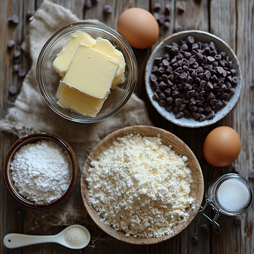 Softened unsalted butter in a small glass bowl, golden brown and coarse textured brown sugar and fine white sugar in separate small ceramic dishes, a glossy large egg with smooth shell resting beside a small glass ramekin of clear vanilla extract, a neat pile of pale all-purpose flour with a dusting effect, tiny heaps of baking soda and salt on a clean white spoon, a generous mound of rich, glossy dark chocolate chips spilling slightly from a rustic wooden scoop, a smooth, creamy block of softened cream cheese on a clean ceramic plate, a small bowl with granulated sugar next to a tiny glass container of vanilla extract, all arranged neatly on a clean, light wooden surface with soft natural lighting highlighting the varying textures and warm tones, gentle shadows adding depth, minimalistic styling with a subtle linen napkin folded at the corner, overhead shot, top down view, flat lay photography, professional food styling --ar 1:1 --q 2 --s 750 --v 6.1