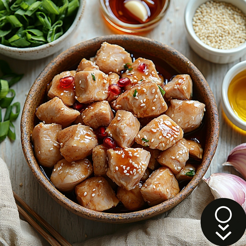 Boneless skinless chicken thighs cut into chunks arranged in a small rustic bowl, a small bowl of deep ruby red pomegranate molasses glistening under soft light, a shallow dish with amber honey pooling delicately, a clear glass bowl of dark soy sauce, a small white bowl with pale golden rice vinegar, a tiny dish holding glossy sesame oil, fresh grated ginger piled on a wooden spoon showing fibrous texture, two cloves of peeled garlic next to a garlic press, a small bottle of vegetable oil with a golden sheen, a small clear bowl of water reflecting light, a white ramekin filled with fine white cornstarch, thinly sliced vibrant green onions scattered loosely beside a small ceramic bowl of shiny toasted sesame seeds. All ingredients are spaced evenly on a clean white or light wooden surface, creating a harmonious contrast of natural textures and rich colors. Soft natural lighting from the side enhances the moist and glossy textures, with gentle shadows adding depth. Minimalist styling with subtle props like a linen napkin and wooden spoons completes the composition. Overhead shot, top down view, flat lay photography, professional food styling --ar 1:1 --q 2 --s 750 --v 6.1