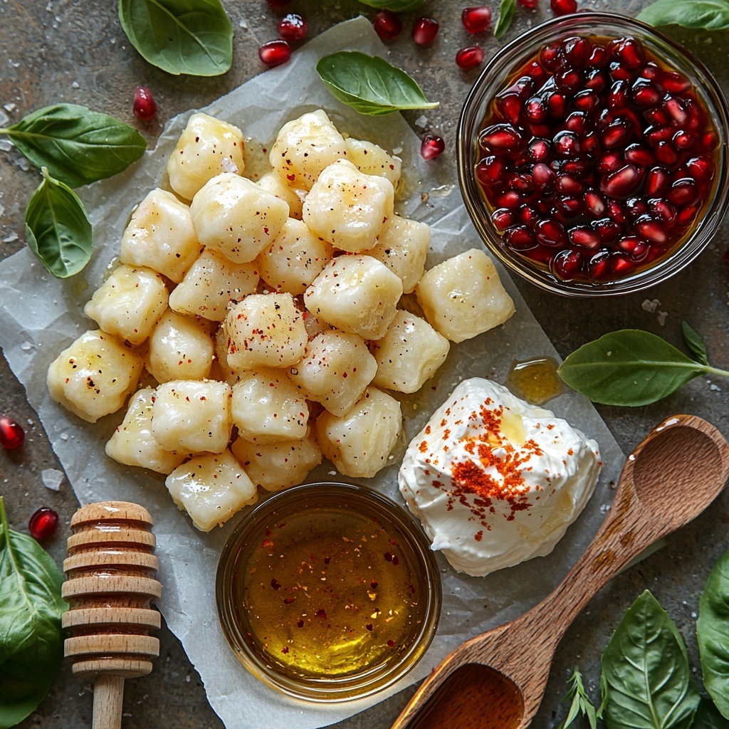 A clean white marble surface with all main ingredients artfully arranged for a flat lay photo: a dozen large, uncooked jumbo pasta shells fanned out with their smooth, ivory texture visible; a small glass bowl of bright orange pumpkin puree with a spoon resting inside; a rustic ceramic bowl filled with creamy, slightly grainy whole milk ricotta cheese; a wooden plate holding freshly grated parmesan cheese, sprinkled loosely showing its fine, pale yellow shreds; a small dish containing a beaten, glossy large egg; three garlic cloves with papery skins partially peeled, lying next to finely minced garlic piled on a white porcelain spoon; a small bunch of fresh sage leaves, vivid green with textured veining, laid flat beside the herbs; tiny piles of ground nutmeg and cinnamon in delicate ceramic spoons showing warm brown hues; coarse salt and cracked black peppercorns scattered lightly nearby; and a glass jar with rich, deep red marinara sauce with a visible herb flecked surface and an open lid. The ingredients are spaced with breathing room on the clean surface, natural soft daylight highlighting the vibrant colors and varied textures, minimal shadows, styled with a few sage leaves and parmesan shavings scattered for an inviting, artisanal feel. Overhead shot, top down view, flat lay photography, professional food styling --ar 1:1 --q 2 --s 750 --v 6.1