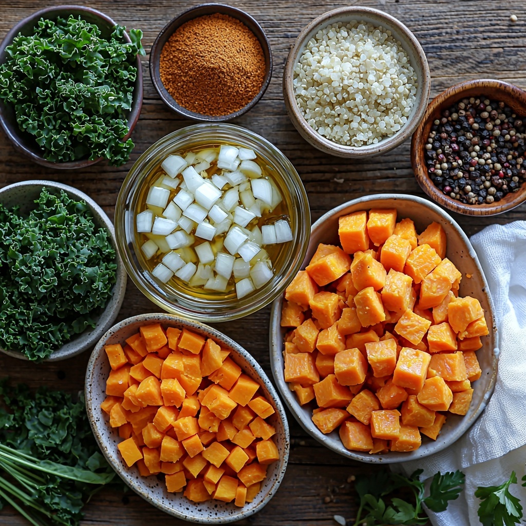 Quinoa grains in a small ceramic bowl, clear glass measuring cup with golden vegetable broth, a small dish of rich olive oil, diced white onion on a rustic wooden spoon, cloves of garlic peeled and minced on a white linen cloth, scattered warm brown cumin seeds, coriander powder in a tiny bowl showcasing fine beige texture, a small heap of ground cinnamon with reddish-brown hues, bright orange diced carrots and vibrant sweet potatoes in separate white ceramic bowls, fresh chopped deep green kale leaves fanned out on the table, coarse salt and cracked black pepper arranged in small glass jars nearby. All ingredients thoughtfully spaced and arranged on a clean natural wood surface with soft, diffused natural light highlighting varied colors and textures, subtle shadows for depth, minimalistic styling with earth-toned props and a neutral color palette to emphasize freshness and warmth. overhead shot, top down view, flat lay photography, professional food styling --ar 1:1 --q 2 --s 750 --v 6.1