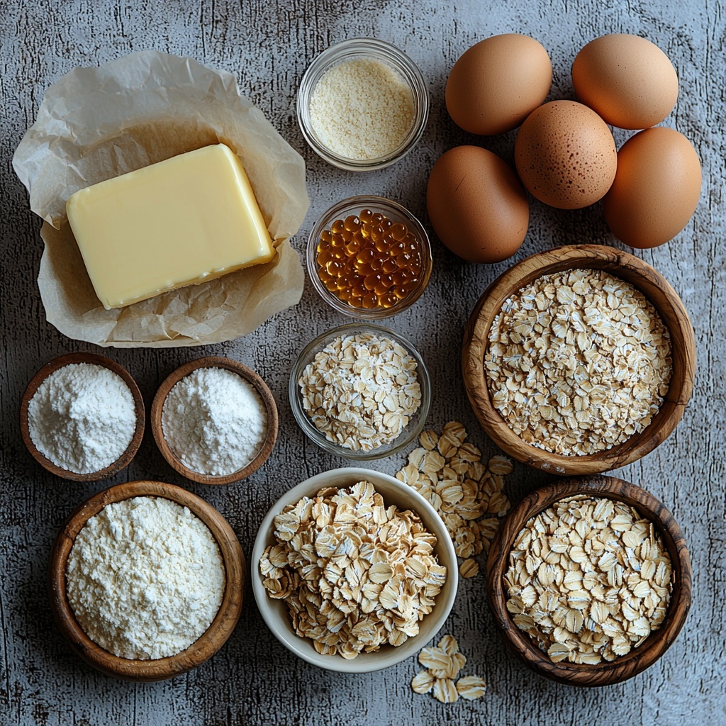 A clean, bright, neutral-toned surface with all ingredients for caramel oatmeal cookies neatly arranged in a visually balanced flat lay. A softened block of unsalted butter wrapped partially in parchment paper showing a smooth, creamy texture. Next to it, a rustic wooden bowl filled with packed dark brown sugar with visible moist crystals, beside a smaller white ceramic dish holding fine, sparkling granulated sugar. Two large brown eggs with smooth shells placed side by side. A small glass jar of golden vanilla extract catching light. A neat pile of pale all-purpose flour with a slightly powdery surface, adjacent to a heap of off-white baking soda powder and a small pinch bowl of white salt. Three overflowing scoops of rolled oats with a rough, flaky texture conveying natural graininess. Finally, a scattering of shiny, golden caramel bits with a glossy finish arranged artfully nearby. Soft natural lighting highlights the warm tones and varied textures, with subtle shadows adding depth. The composition is clean and inviting, styled for a modern baking aesthetic. Overhead shot, top down view, flat lay photography, professional food styling --ar 1:1 --q 2 --s 750 --v 6.1