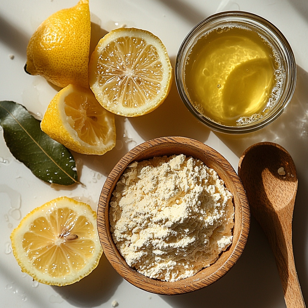 A clean, minimalistic flat lay of the main ingredients for a gelatin recipe arranged on a smooth white surface. Featured are a small wooden bowl filled with fine, pale beige unflavored gelatin powder, a clear glass cup of steaming hot water showing slight condensation, and a small glass dish with bright yellow lemon juice. Nearby, a fresh lemon wedge with vibrant yellow skin and textured rind adds color contrast, alongside a delicate wooden spoon resting next to the gelatin bowl. Soft natural light highlights the translucent quality of the water, the powdery texture of the gelatin, and the glossy surface of the lemon juice. The composition is balanced with ample negative space, evoking freshness and simplicity. Overhead shot, top down view, flat lay photography, professional food styling --ar 1:1 --q 2 --s 750 --v 6.1