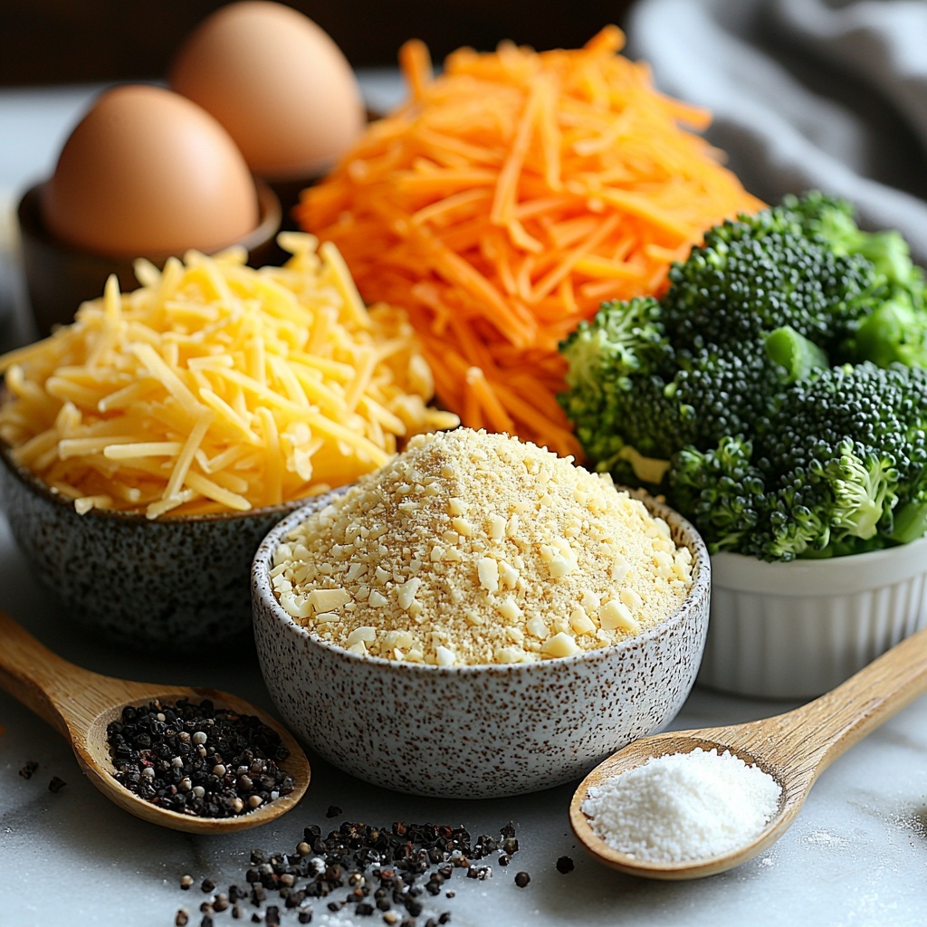 fresh broccoli florets, finely chopped bright green, shredded sharp cheddar cheese rich orange-yellow, almond flour fine textured off-white powder in a small rustic bowl, grated Parmesan cheese pale crumbly mound, two large brown eggs whole with smooth shells, small wooden spoons holding garlic powder and onion powder fine light beige and pale yellow powders, coarse salt and black peppercorns scattered lightly, baking powder in a tiny white ceramic dish, all arranged neatly on a clean white marble surface with soft natural light, slight shadows for depth, minimalistic rustic style with a hint of warmth, ingredients spaced evenly to create balance and harmony, textured linen napkin folded gently beside them, subtle props like a wooden cutting board edge partially visible, overhead shot, top down view, flat lay photography, professional food styling --ar 1:1 --q 2 --s 750 --v 6.1