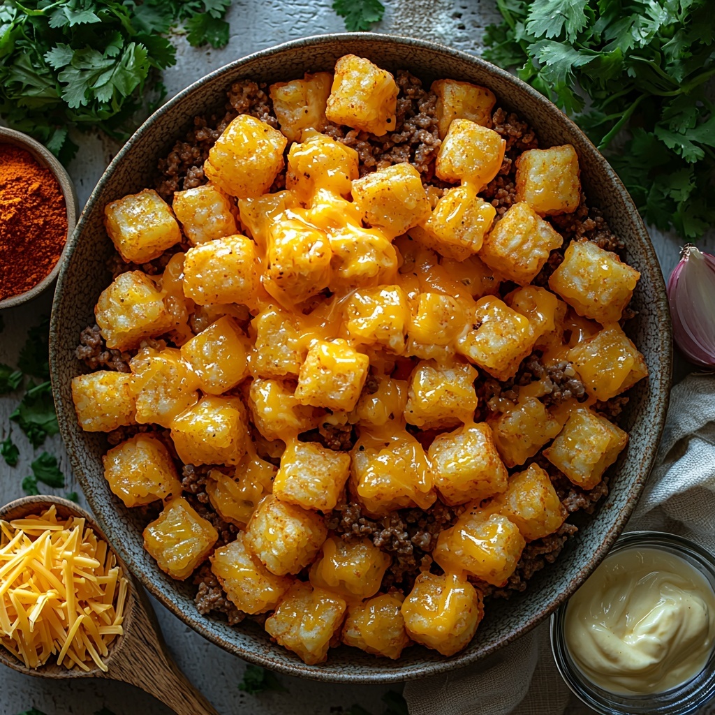 frozen tater tots in a neat pile showing their golden, crispy texture; browned ground beef in a small rustic bowl with a rich, savory look; shredded sharp cheddar cheese scattered loosely with bright orange-yellow hues; creamy, smooth cheese sauce in a glass measuring cup with a glossy surface; a small rustic spoonful of taco seasoning powder with warm reddish-brown tones; a tiny bowl of finely minced onion showing delicate white pieces; fresh chopped cilantro leaves vibrant green and sprinkled lightly on a small white dish. All ingredients arranged carefully and spaced evenly on a clean white surface, natural soft daylight highlighting the contrasting colors and textures, subtle shadows adding depth, minimalist styling with wooden spoons and a linen napkin casually placed nearby for warmth and authenticity, emphasis on freshness and homely comfort. overhead shot, top down view, flat lay photography, professional food styling --ar 1:1 --q 2 --s 750 --v 6.1