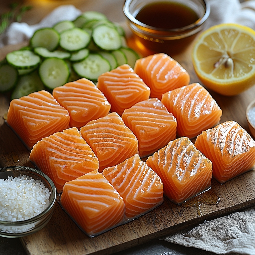 a clean, bright surface with fresh ingredients neatly arranged for Golden Honey Lemon Salmon Bites: bite-sized raw salmon pieces with vibrant pink-orange flesh and white marbling, a large lemon sliced into wedges and a small bowl of lemon zest showing bright yellow texture; thinly sliced scallions with fresh white and light green rings fanned out; a small glass bowl of golden, glossy honey catching light; a shallow dish with dark amber soy sauce; a tiny dish of light beige kosher salt crystals; a small bowl of white sesame seeds scattered artistically nearby; a drizzle of clear, light neutral oil in a miniature glass container; all ingredients spaced evenly with minimal shadows, styled with subtle rustic elements like a wooden chopping board corner and a linen napkin, emphasizing fresh, natural colors and textures, soft natural lighting enhancing the vividness and moisture of the salmon, crisp details on lemon zest and scallions overhead shot, top down view, flat lay photography, professional food styling --ar 1:1 --q 2 --s 750 --v 6.1