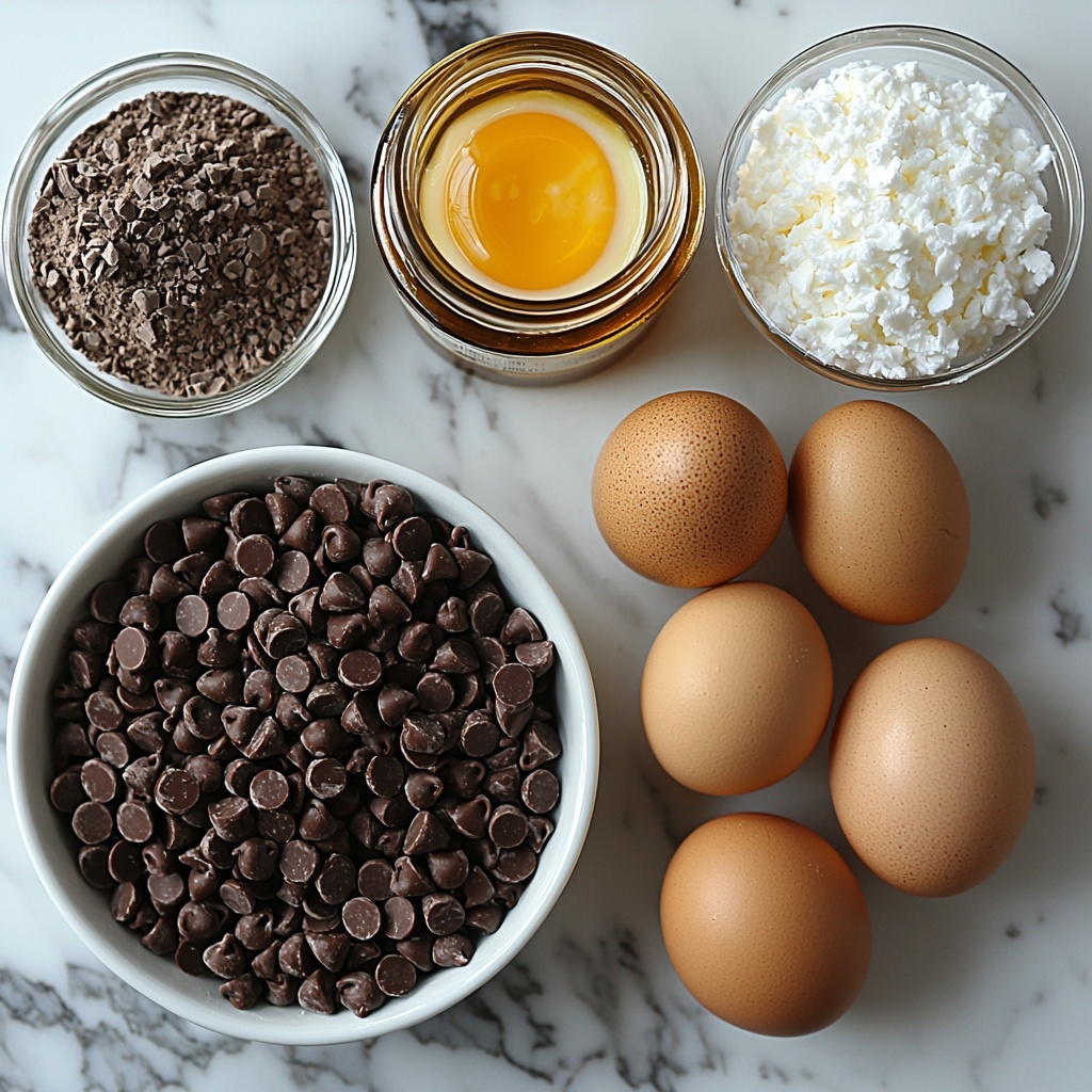 butter stick melted in a small clear glass bowl, granulated sugar in a white ceramic measuring cup, two large brown eggs with smooth shells, small glass jar of vanilla extract with dark amber liquid, unsweetened cocoa powder in a neat mound on a white ceramic plate, all-purpose flour in a light-colored ceramic bowl, small piles of salt and baking powder on a white surface, half cup of glossy mini chocolate chips loosely scattered, a heaping cup of fluffy shredded coconut with fine texture, a small glass bowl of glossy white marshmallow fluff, half cup heavy cream in a clear measuring cup showing creamy liquid, pat of butter on a wooden board, a tiny glass vial of vanilla extract, all ingredients carefully arranged on a clean white marble surface with soft natural light, subtle shadows emphasizing textures, pops of warm brown, white, and creamy tones creating contrast, minimalistic styling with light reflective highlights, a gentle sprinkle of shredded coconut flakes artistically placed around bowls, simple and elegant styling conveying freshness and homeliness, overhead shot, top down view, flat lay photography, professional food styling --ar 1:1 --q 2 --s 750 --v 6.1