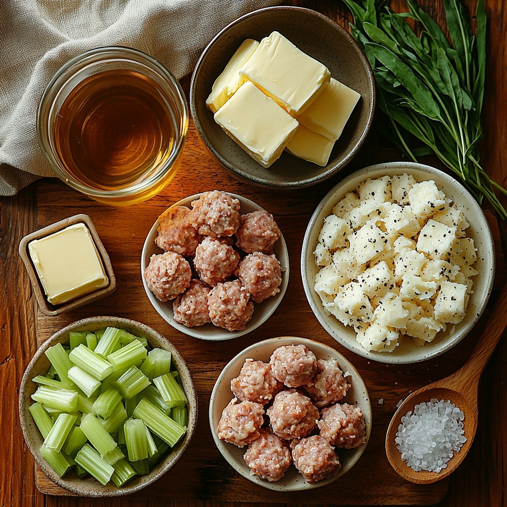 /Imagine prompt: A clean, light wooden surface neatly arranged with all the main ingredients for turkey and stuffing meatballs in an inviting flat lay. A small white bowl of minced yellow onion, another bowl holding very finely diced celery, a measuring cup filled with golden chicken broth alongside a smaller glass of clear water. Four rustic tablespoons of creamy butter, one still solid block and others partially melted on a butter dish. An open 6 oz. box of seasoned turkey stovetop stuffing spilling some coarse bread crumbs. A mound of raw ground turkey, light pink with subtle fat marbling, next to a pile of ground sausage, slightly darker and speckled. A single large glass bowl with a whisked bright yellow egg, shimmering under soft natural light. Small piles of salt and freshly cracked black peppercorns on a white ceramic spoon. The ingredients spaced with enough room to show their distinct colors and textures—soft onions, crisp celery, wet broth, dense meat, and fluffy stuffing crumbs—with gentle shadows creating depth. Styled with a neutral linen napkin folded casually at one corner, a wooden spoon resting nearby to imply preparation. The overall vibe is fresh and comforting, capturing rustic home cooking in a warm, inviting palette of yellows, browns, whites, and greens. overhead shot, top down view, flat lay photography, professional food styling --ar 1:1 --q 2 --s 750 --v 6.1