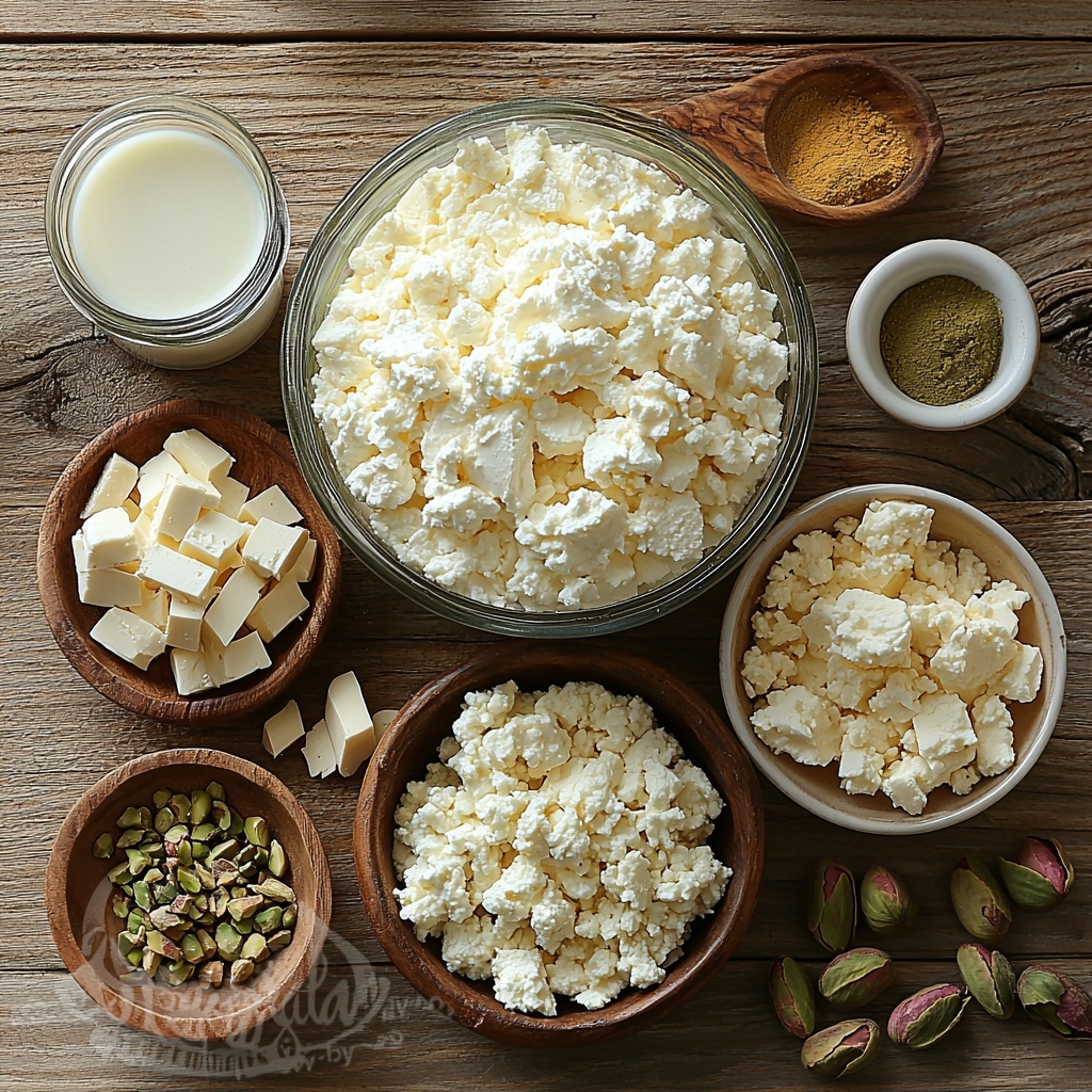 full-fat whole milk in a clear glass jug with creamy white color and smooth texture, a small bowl of white vinegar or lime juice with glossy liquid surface, tightly packed crumbled chhena or grated paneer in a rustic ceramic bowl showing soft white curds, a small glass jar of thick condensed milk with a creamy pale beige tone, a shallow wooden dish filled with unsalted ground pistachios displaying fine greenish nut powder, a tiny white porcelain cup holding 60ml milk with a silky sheen, a few vibrant orange saffron strands delicately placed on a white porcelain plate to highlight their thin, thread-like texture, a small bowl of pale pink rose water with a translucent surface, a white ceramic spoon with fine green cardamom powder dusted inside, and a small bowl of chopped pistachios showcasing bright green nut pieces with some brownish skin accents, all arranged neatly on a clean light wooden surface with warm natural lighting enhancing the subtle cream, green, orange, and pink hues, soft shadows for depth, and minimal rustic props to emphasize the purity and freshness of ingredients, overhead shot, top down view, flat lay photography, professional food styling --ar 1:1 --q 2 --s 750 --v 6.1