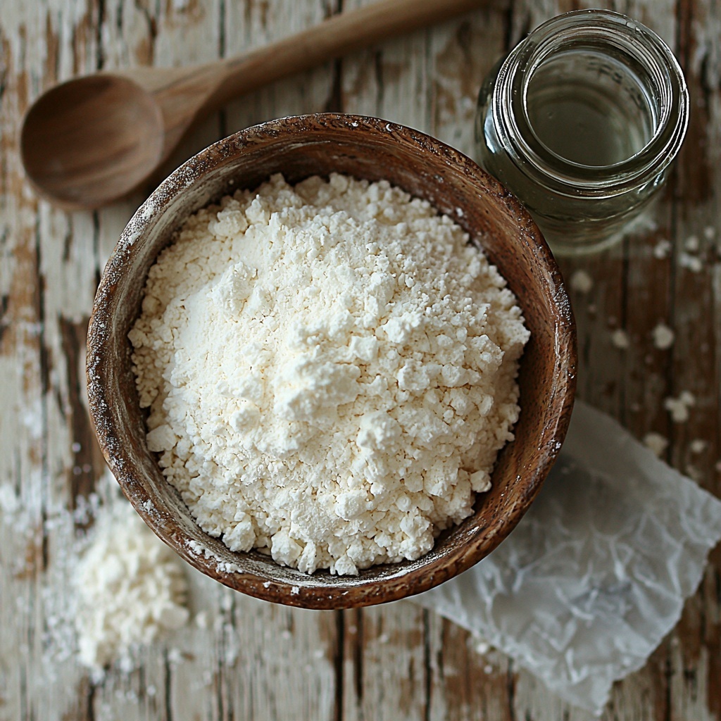 3 1/4 cups (425 grams) all-purpose flour in a rustic ceramic bowl with some flour gently spilled around it, 2 teaspoons fine sea salt in a small white porcelain dish showing delicate crystals, 1/2 teaspoon active dry yeast in a tiny glass jar with visible granules, 1 1/2 cups warm water in a clear glass measuring cup with soft condensation on the outside; all ingredients are arranged neatly on a clean, light wooden surface with soft natural light casting gentle shadows to enhance textures – the flour looks powdery and soft, salt crystals sparkle subtly, yeast granules are coarse, water adds a glossy reflective surface; minimal props include a wooden spoon resting diagonally next to the bowl, a piece of beeswax wrap folded casually nearby, and a parchment paper sheet partially visible under the bowl for an authentic baking feel – warm, inviting, artisanal atmosphere emphasizing natural colors and tactile contrasts overhead shot, top down view, flat lay photography, professional food styling --ar 1:1 --q 2 --s 750 --v 6.1