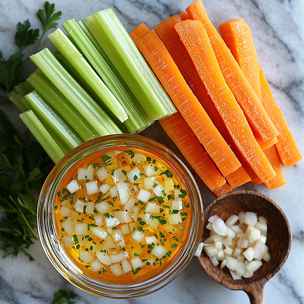 Olive oil in a small glass bowl with golden gleam, finely diced white onion piled neatly beside it, two cloves of garlic minced finely, three crisp celery sticks sliced thinly showing fresh bright green hues, five medium carrots halved lengthwise and thinly sliced displaying vibrant orange colors and smooth texture, a clear glass measuring cup filled with golden vegetable stock, all ingredients arranged artistically on a clean white marble surface with natural lighting emphasizing freshness and color contrast, minimal shadows, subtle herbs and a rustic wooden spoon placed nearby for added texture and warmth, overhead shot, top down view, flat lay photography, professional food styling --ar 1:1 --q 2 --s 750 --v 6.1