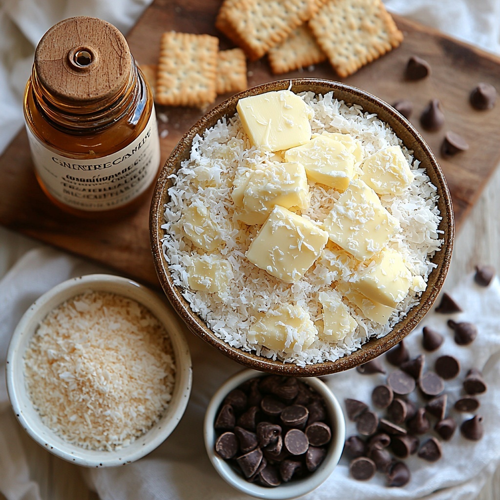 sweetened condensed milk can with label visible, small glass bowl of melted golden butter, vanilla extract bottle with wooden cap, white and slightly rough-textured fine dried coconut heaped gently on a natural linen cloth, crumbly light brown graham cracker crumbs in a ceramic bowl and scattered loosely around, glossy dark brown semi-sweet chocolate chips in a white porcelain dish, rustic wooden cutting board underneath some ingredients, soft natural lighting highlighting creamy and rich textures, subtle shadows adding depth, arranged neatly with negative space on a clean white surface for contrast, overhead shot, top down view, flat lay photography, professional food styling --ar 1:1 --q 2 --s 750 --v 6.1