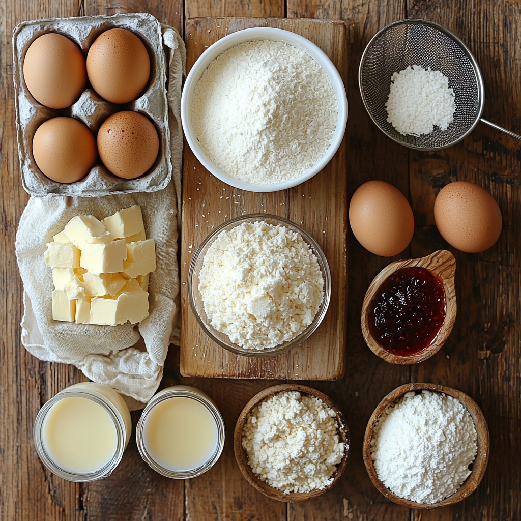 2½ cups all-purpose flour in a small white ceramic bowl, light and powdery texture; 1½ teaspoons baking powder and ½ teaspoon salt in tiny glass dishes, fine granules; ¾ cup unsalted butter, soft and creamy, slightly wrapped in parchment paper on a wooden board; 1½ cups granulated sugar sparkling in a clear glass jar, coarse white crystals; 3 large brown eggs with smooth shells arranged in a neat row; 1 tablespoon golden vanilla extract in a small glass bowl with warm amber hues; 1 cup whole milk in a simple white enamel jug, smooth and creamy; ½ cup slightly warmed vibrant red raspberry preserves in a rustic spoon, glossy and jammy; 2 cups sweetened shredded coconut loosely piled on a rustic linen napkin, fluffy and snowy white; a small sieve dusted with fine, powdery white powdered sugar on the side for optional decoration. All ingredients are thoughtfully spaced on a clean, light natural wood surface with soft morning natural light casting gentle shadows to emphasize textures and colors. Minimalist styling with a cozy, inviting feel, slight rustic accents like linen napkins and wooden spoons for warmth, focused on texture and natural tones. overhead shot, top down view, flat lay photography, professional food styling --ar 1:1 --q 2 --s 750 --v 6.1
