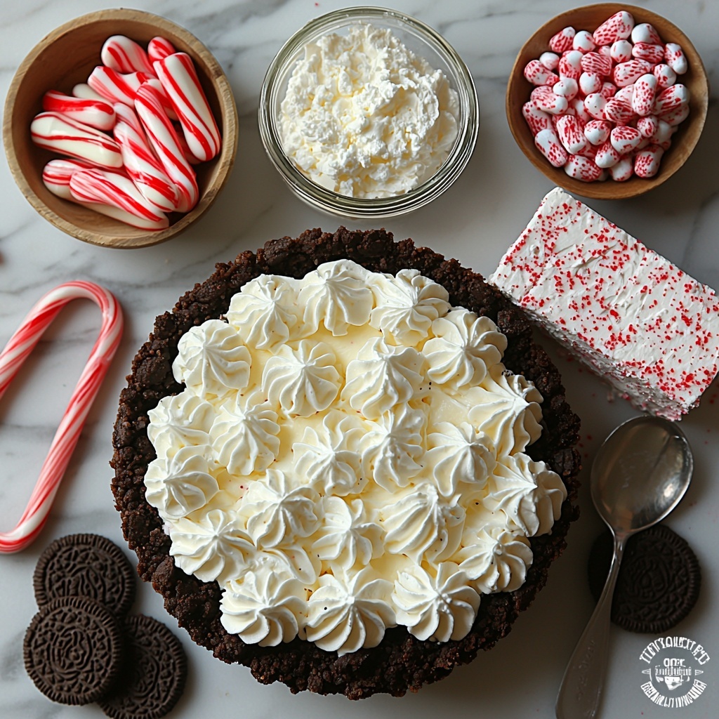 oreo pie crust, cup of thick heavy whipping cream in a glass measuring cup, bowl with smooth powdered sugar, two blocks of soft cream cheese on parchment paper, small dish with vibrant red food coloring drops, tiny bowl with clear vanilla essence, small bowl with peppermint flavoring, half cup of crushed peppermint candy canes and mints in a rustic bowl, tub of fluffy cool whip with a spoon, scattered crushed peppermint candies around the edges, all ingredients neatly arranged on a clean white marble surface, complementary natural light casting soft shadows, bright and festive color palette with reds, whites, and creamy textures, minimalist styling with space between items for clarity, subtle holiday hints with a sprig of fresh peppermint leaves for contrast overhead shot, top down view, flat lay photography, professional food styling --ar 1:1 --q 2 --s 750 --v 6.1