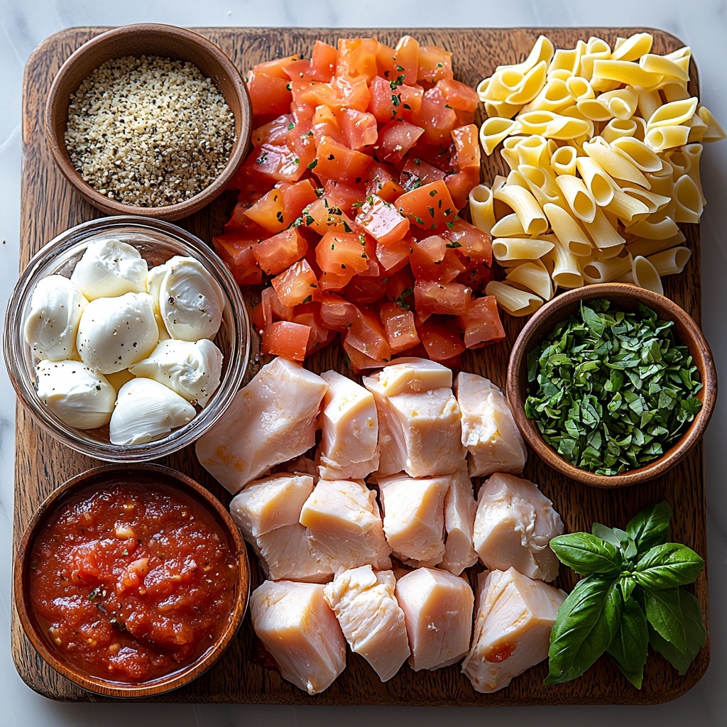 boneless, skinless chicken breasts raw, plump and pale pink, four cups golden chicken broth in a clear glass measuring cup, can of diced tomatoes with vibrant red and chunks of tomato visible, spoonful of smooth deep red marinara sauce in a small white bowl, small wooden dish of mixed Italian seasoning herbs, scattered garlic powder and onion powder in tiny white porcelain spoons, pinch of salt and black pepper in matching tiny spoons, creamy white heavy cream in a small jug, half cup grated Parmesan cheese finely textured, pile of shredded mozzarella cheese soft and fluffy, uncooked small pasta shapes (ditalini, elbow macaroni, or small shells) pale yellow, fresh chopped bright green basil and parsley leaves on a small wooden board, extra Parmesan cheese grated and lightly sprinkled around, all ingredients arranged neatly on a clean white marble surface with soft natural light casting gentle shadows, minimal props to enhance texture and color contrast, slight rustic farmhouse aesthetic, overhead shot, top down view, flat lay photography, professional food styling --ar 1:1 --q 2 --s 750 --v 6.1