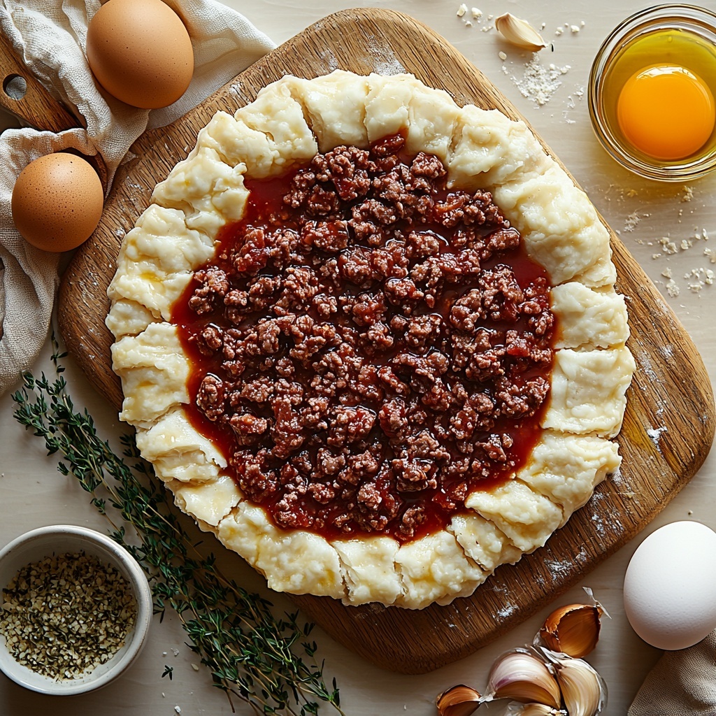 shortcrust pastry rolled out in a neat circle dusted with flour, raw lean ground beef portioned on a rustic wooden board, finely chopped medium onion in a small white bowl, minced garlic cloves on a clean ceramic dish, small clear glass bowl of rich brown beef broth, dried thyme sprigs scattered artistically nearby, a whole fresh egg cracked open with yolk visible beside an egg shell half, all ingredients arranged separately but harmoniously on a smooth light-colored kitchen countertop, natural soft daylight highlighting the textures – flaky pastry, moist ground beef, translucent onion pieces, delicate garlic bits, glossy broth, and earthy thyme, minimal shadows, subtle use of props like a linen cloth and wooden spoon to add warmth without clutter, overhead shot, top down view, flat lay photography, professional food styling --ar 1:1 --q 2 --s 750 --v 6.1
