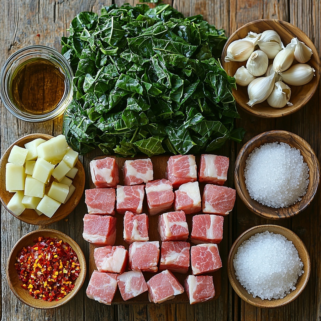A vibrant flat lay of Southern collard greens ingredients arranged neatly on a clean, light wooden surface. At center, a large bunch of fresh deep green collard greens, stems removed and chopped into bite-sized pieces, their broad, textured leaves overlapping naturally. To one side, two pounds of smoked meat—ham hocks or turkey wings—with a crisp, golden-brown sear, showcasing rich, smoky textures and subtle marbling. Nearby, a small rustic bowl of finely chopped white onion, translucent and soft; next to it, a cluster of four peeled garlic cloves, minced and whole, their creamy white color contrasting with the other ingredients. Scattered artistically are bright red chili flakes for a pop of color. A small wooden spoon holds light or dark brown sugar, its granules glistening gently in natural light. A clear glass measuring cup filled with amber apple cider vinegar reflects warm hues. A small bowl of golden vegetable or canola oil adds a glossy sheen to the layout. Salt and freshly ground black pepper sit in minimalist salt cellars, their crystalline and coarse textures visible. Finally, a deep bowl filled with rich, golden chicken stock or broth completes the scene, inviting warmth. Everything is spaced evenly with intentional negative space, enhanced by soft, natural daylight coming from the side, casting delicate shadows and highlighting the varied colors and textures. The composition balances rustic Southern charm with clean, modern food styling, emphasizing freshness and depth. Overhead shot, top down view, flat lay photography, professional food styling --ar 1:1 --q 2 --s 750 --v 6.1
