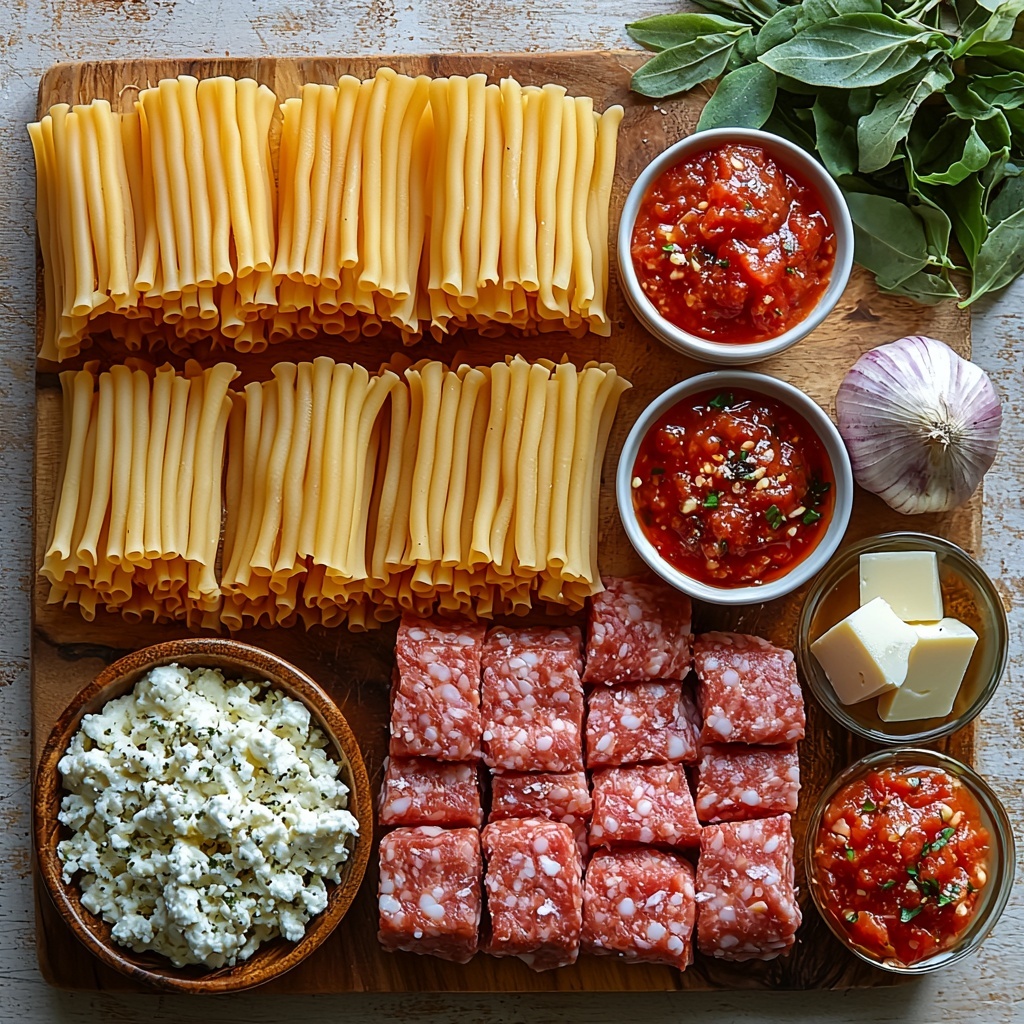 /Imagine prompt: A beautifully composed flat lay of fresh ingredients for hearty lasagna soup, arranged neatly on a clean, light-colored wooden surface. Included are raw ground beef and sweet Italian sausage, their coarse textures and rich reddish-brown shades contrasting side by side. A whole yellow onion with glossy papery skin sits halved to reveal its pale rings. Next to it, three unpeeled garlic cloves with smooth off-white skins. Small bowls contain vibrant red tomato paste and crushed tomatoes with visible seeds and juice. A bowl of diced tomatoes, rich and juicy with natural shine, is placed nearby. Scattered dried herbs — oregano and basil — in small ceramic spoons, their coarse green flakes adding rustic accents. A teaspoon of sparkling white granulated sugar sits in a tiny glass bowl, alongside a few red pepper flakes adding a pop of fiery crimson. A small bottle or dropper of fiery hot sauce adds a bright scarlet splash of color. Freshly ground black pepper and fine sea salt crystals rest gracefully in minimal white dishes. A single dark green, glossy bay leaf lies flat. Six uncooked lasagna noodles with a smooth yellow surface are neatly stacked in a fan shape, their slightly rough edges catching soft light. Cheese varieties: a mound of finely grated Parmesan with a snowy texture, shredded mozzarella showing soft, buttery strands, and a smooth, creamy scoop of ricotta cheese on a rustic wooden spoon. Fresh parsley roughly chopped into bright green flecks adds freshness and visual vibrancy. A few scattered sprigs of whole parsley leaves complete the scene. Light and natural, soft daylight gently highlights the textures and colors, with subtle shadows adding depth. The arrangement is symmetrical yet inviting, the ingredients spaced to highlight their individual colors and textures while guiding the eye around the composition. Overhead shot, top down view, flat lay photography, professional food styling --ar 1:1 --q 2 --s 750 --v 6.1