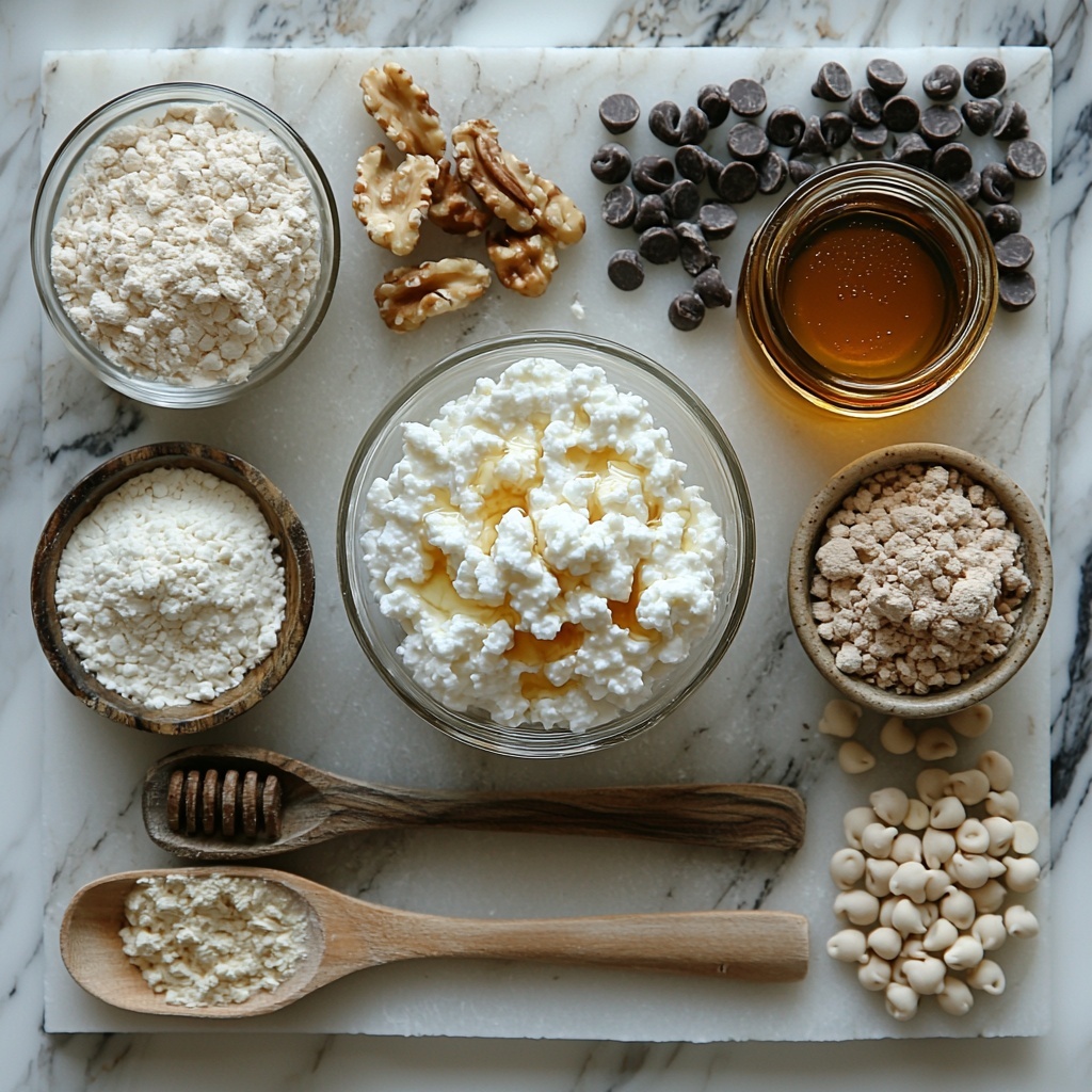 Flat lay photography of main ingredients arranged on a clean white marble surface: a small glass bowl of creamy white cottage cheese, a small jar of golden maple syrup with a wooden spoon, a tiny glass bottle of amber vanilla extract, a neat mound of fine blanched almond flour with a wooden scoop, a dollop of smooth creamy peanut butter on a ceramic spoon, a small pile of light beige protein powder, a scattering of mini dark chocolate chips, and a pinch of coarse salt crystals in a tiny white dish. Natural soft diffused lighting highlighting the varied textures and warm neutral tones, subtle shadows for depth, composition balanced and airy with negative space, minimalistic rustic props including a linen napkin and wooden utensils to enhance the cozy homemade vibe. overhead shot, top down view, flat lay photography, professional food styling --ar 1:1 --q 2 --s 750 --v 6.1
