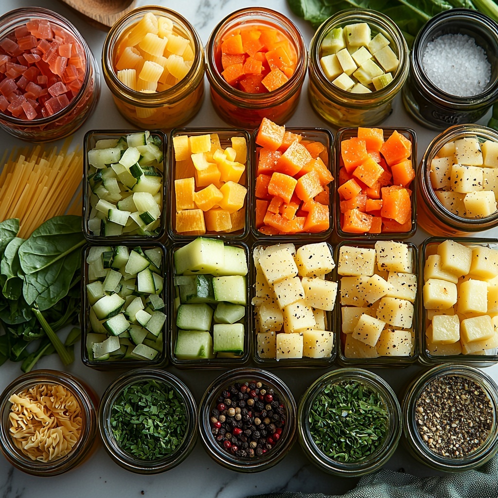 olive oil in a small glass bowl with golden sheen, chopped onion with crisp white and purple tones, diced bright orange carrots, fresh green celery stalks cut into pieces, minced garlic cloves showing creamy texture, diced green zucchini with light and dark green skin, chopped vibrant green beans, shiny can of diced red tomatoes with juice visible, rustic vegetable broth in a clear glass measuring cup, drained and rinsed white cannellini beans scattered gently, small bowls of dried oregano and basil with earthy green hues, coarse sea salt and black peppercorns in small containers, fresh dark green spinach leaves with delicate veins, uncooked small pasta shapes like ditalini in a natural cream color, all ingredients neatly spaced on a clean white marble surface, soft natural lighting enhancing the bright colors and fresh textures, minimal shadows, subtle props like wooden spoons and linen napkin edges adding warmth without clutter, overhead shot, top down view, flat lay photography, professional food styling --ar 1:1 --q 2 --s 750 --v 6.1