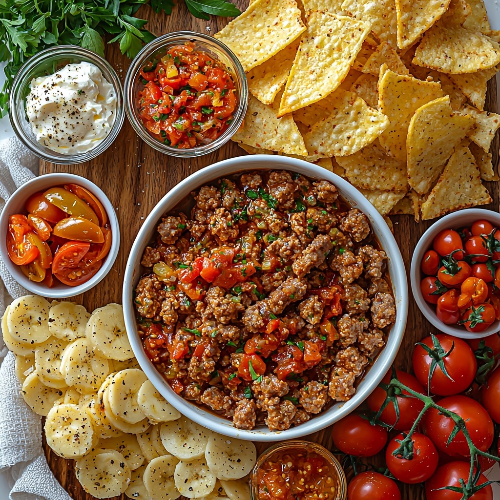 A clean, bright white surface with all main ingredients of spicy Italian sausage dip neatly arranged for a flat lay photo. Crumbled browned Johnsonville spicy Italian sausage in a small rustic bowl, a drained can of diced red tomatoes in a white ramekin, small glass bowls with vibrant yellow-green diced pickled banana peppers and fiery red diced pickled cherry peppers. A generous mound of shredded white mozzarella cheese with soft strands, a small pile of finely grated pale yellow Parmesan cheese, and a smooth block of creamy white cream cheese softened on a wooden board. Small white dishes with earthy garlic powder, Italian seasoning flecks, and bright red crushed red pepper flakes, plus freshly ground black pepper in a mini bowl. Nearby, golden toasted baguette slices arranged fan-like on a linen napkin, alongside a small bowl of crispy yellow tortilla chips for serving. Natural daylight illuminating varied textures — crumbly meat, creamy cheese, juicy tomatoes, and pickled peppers — styled with minimal shadows, subtle fresh herbs scattered for pop of green. Overhead shot, top down view, flat lay photography, professional food styling --ar 1:1 --q 2 --s 750 --v 6.1