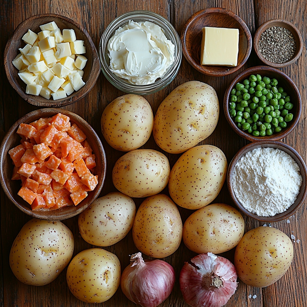 A clean, light wooden surface with a rustic loaf of golden brioche bread sliced thickly and fanned out, next to a small rustic bowl of whole eggs with smooth brown shells, a glass measuring cup filled with creamy whole milk, a small vintage pitcher of heavy cream, a clear bowl of sparkling granulated sugar, a petite glass jar of rich amber vanilla extract, a tiny white dish holding warm brown ground cinnamon powder, and a small pinch bowl with fine white salt crystals. Include a scattering of cinnamon sticks and a delicate vanilla bean pod for texture contrast. Soft natural light highlights the creamy, warm tones and varied textures of the ingredients, with minimal shadows and a slightly matte finish. All items arranged neatly but casually, with some ingredients slightly overlapping to create harmony and balance. Overhead shot, top down view, flat lay photography, professional food styling --ar 1:1 --q 2 --s 750 --v 6.1