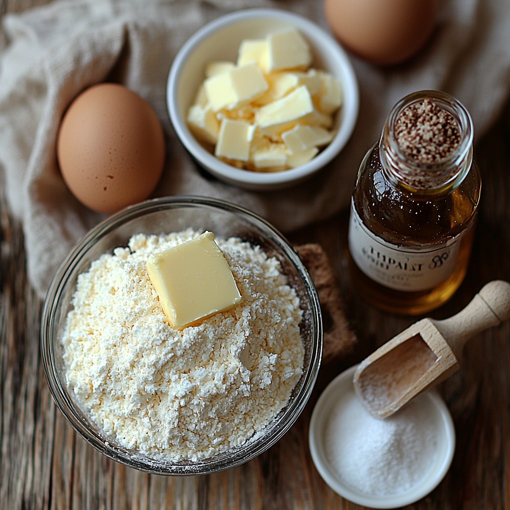 Softened unsalted butter in a small glass bowl, two large brown eggs nestled next to it, a heap of white granulated sugar and a packed pile of rich brown sugar each in separate clear glass ramekins, a mound of pale all-purpose flour with a small wooden scoop resting on top, a small white dish holding fine baking soda, another tiny white bowl with fine salt, a slender glass bottle of golden vanilla extract lying horizontally, and a small white bowl filled with sparkling granulated sugar for topping. All ingredients are carefully spaced out on a clean, light wood surface with natural morning light casting soft shadows, emphasizing textures like the creamy butter, coarse sugars, and powdery flour. Minimal props, neutral linen napkin folded nearby, subtle rustic kitchen ambiance, color palette warm and inviting with soft creams, browns, and whites. Overhead shot, top down view, flat lay photography, professional food styling --ar 1:1 --q 2 --s 750 --v 6.1