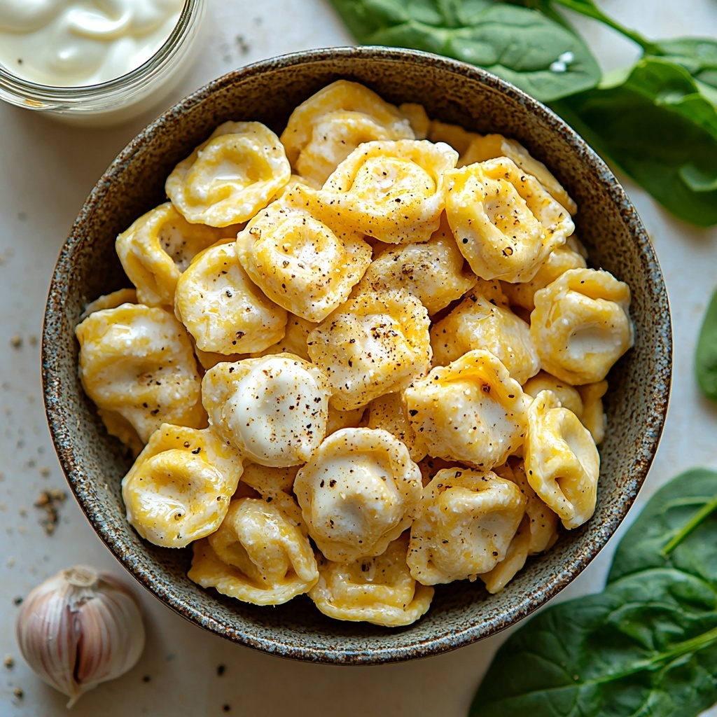 cheese tortellini piled in a small rustic bowl showing their golden, pillowy texture; a glass measuring cup filled with thick, white heavy cream catching soft light; two whole garlic cloves with papery skin intact placed nearby; fresh bright green spinach leaves loosely scattered around the scene, some overlapping for natural layering; all ingredients arranged neatly on a clean, matte white surface to enhance vibrant colors and textures; subtle shadows for depth, minimal props to keep focus on ingredients, natural daylight look, overhead shot, top down view, flat lay photography, professional food styling --ar 1:1 --q 2 --s 750 --v 6.1