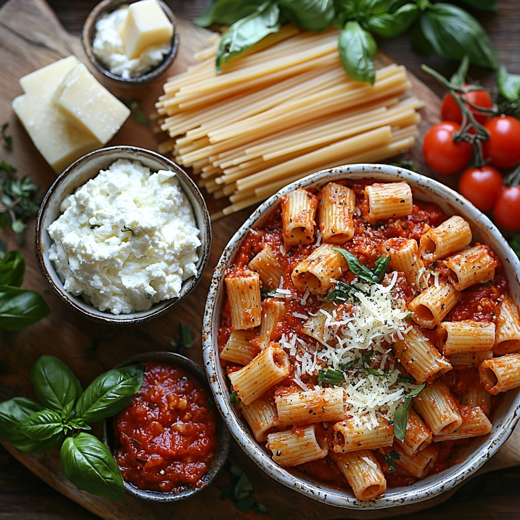 Ziti pasta uncooked, golden tubular noodles neatly fanned out in a small pile; vibrant red marinara sauce in a rustic white ceramic bowl with visible tomato chunks and herbs; creamy white ricotta cheese spooned in a smooth dollop on a wooden board; shredded mozzarella cheese scattered softly in a small mound showing its fluffy texture. All ingredients arranged artfully on a clean, light wooden surface with soft natural lighting that highlights the rich colors and textures. Minimal props with fresh basil leaves subtly placed for a pop of green contrast. Overhead shot, top down view, flat lay photography, professional food styling --ar 1:1 --q 2 --s 750 --v 6.1