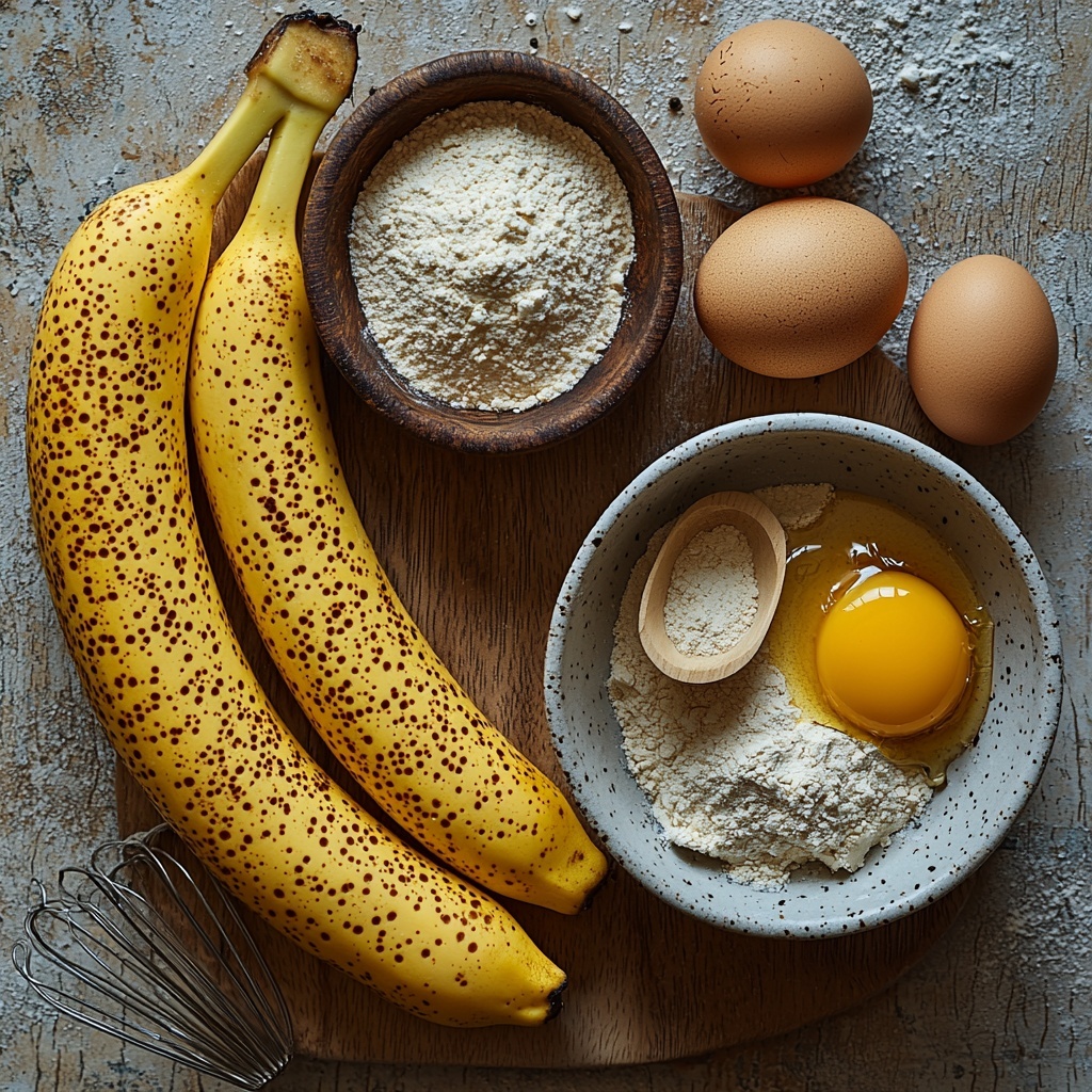 A clean, bright surface with all the main ingredients for banana pancakes artfully arranged in a balanced flat lay. Two ripe bananas with vivid yellow skin and natural brown spots, one peeled and one whole, placed at opposite corners. Two fresh brown eggs in a small rustic bowl with smooth shells. A small white ceramic bowl filled with half a cup of fine, white flour, with a subtle dusting of flour around it for texture. A teaspoon linen spoon holding light beige baking powder, with a slight scattering of powder nearby. Soft natural light enhancing the warm tones and subtle textures of the bananas, eggs, and flour. A neutral wooden or white background to keep the focus on the vibrant ingredients. Minimal shadows, clean styling with a few small kitchen tools like a fork and a small whisk subtly placed for context and balance. Overhead shot, top down view, flat lay photography, professional food styling --ar 1:1 --q 2 --s 750 --v 6.1