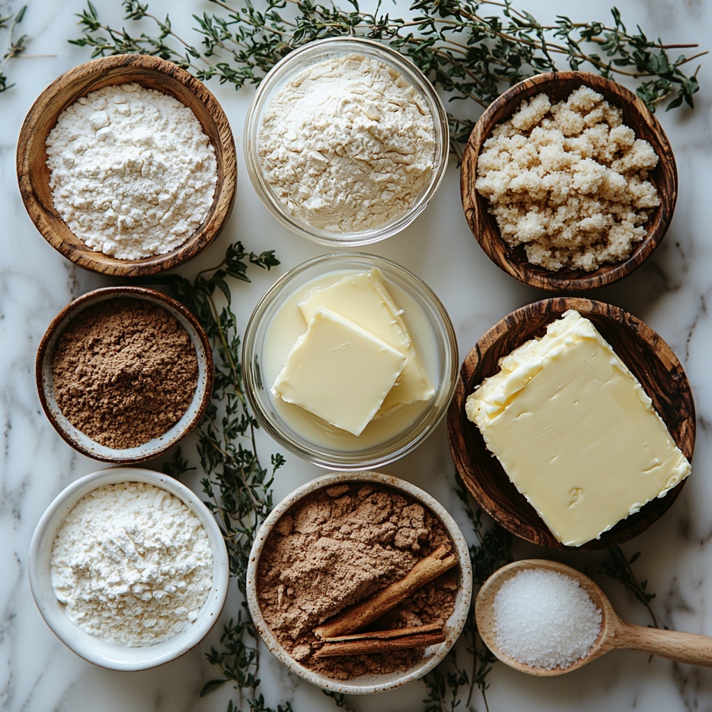 A clean white marble surface with all the main ingredients for soft cinnamon rolls arranged neatly in a balanced flat lay composition: a wooden bowl filled with 3 cups of white all-purpose flour showing fine powdery texture, a small glass pitcher of creamy light beige milk, a rustic butter slab with a silver butter knife resting beside it, a small white ceramic bowl with warm brown cinnamon powder, and a vintage wooden spoon heaped with rich, moist-looking dark brown sugar. Soft natural lighting highlights the contrasting textures—the fine flour, smooth milk, creamy butter, powdery cinnamon, and granular brown sugar. Sprigs of fresh green herbs add subtle color contrast and warmth. Clean, minimal styling with gentle shadows and ample negative space around each ingredient to emphasize simplicity and freshness. Overhead shot, top down view, flat lay photography, professional food styling --ar 1:1 --q 2 --s 750 --v 6.1