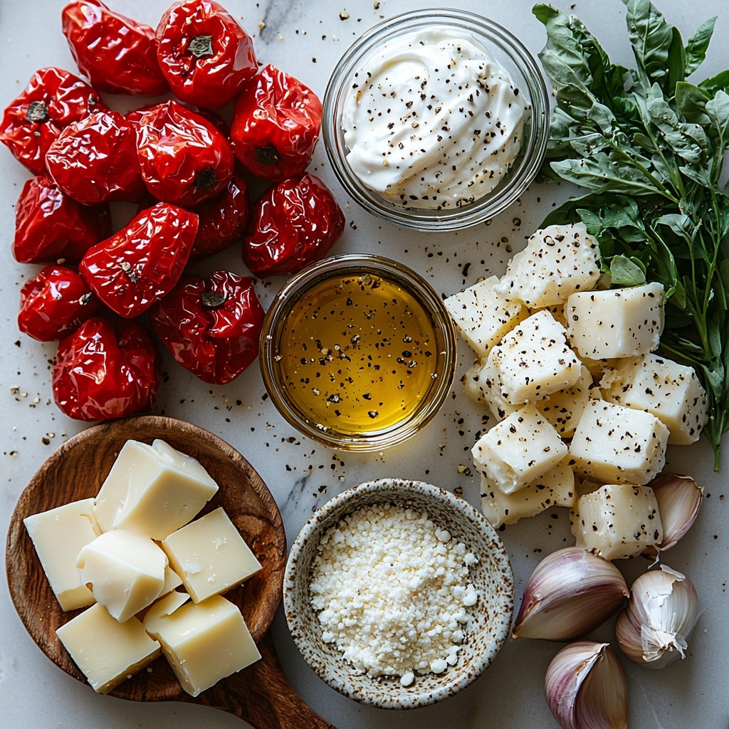 3 - Flat lay of main ingredients for Roasted Red Pepper Pasta Sauce: vibrant roasted red peppers with charred skin, whole garlic bulbs and peeled cloves, a small glass bowl of golden olive oil glistening under soft light, a smooth swirl of creamy white cream in a ramekin, and freshly grated Parmesan cheese scattered beside a wedge of Parmesan with its rind visible. All arranged neatly on a clean white marble surface that highlights the rich reds, creamy whites, and pale yellows. Include natural textures like the wrinkled pepper skin, garlic papery peel, and flaky cheese for contrast. Soft diffused natural light enhances the colors and textures with gentle shadows. Minimal props: a rustic wooden spoon and a small herb sprig for subtle green accents. overhead shot, top down view, flat lay photography, professional food styling --ar 1:1 --q 2 --s 750 --v 6.1