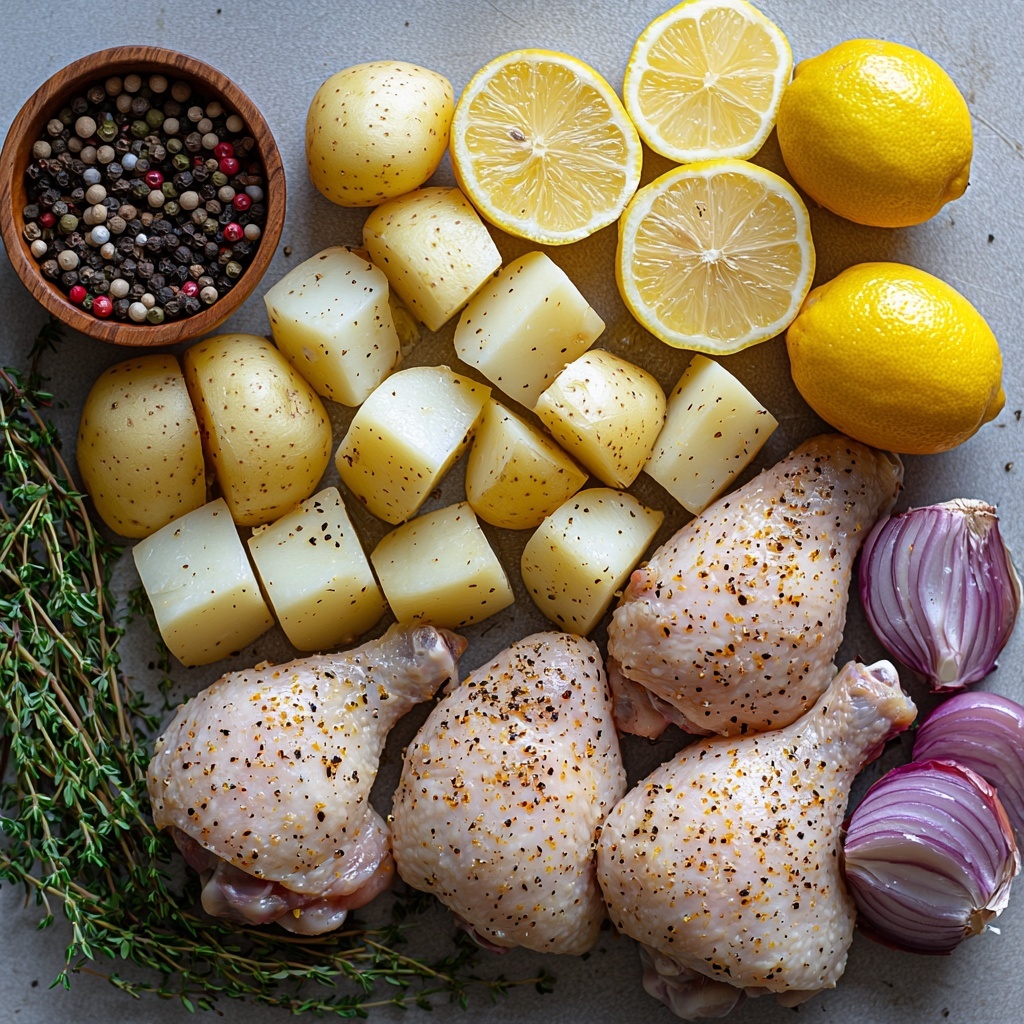 Chicken leg quarters with skin on, sprinkled with fresh green thyme leaves; raw Yukon Gold potatoes sliced into golden-yellow, half-inch thick rounds with smooth texture; peeled shallots quartered lengthwise showing pale purple and white layers; a small bowl of coarse kosher salt with crystalline texture; a dish of freshly ground black pepper with tiny black and gray specks; a clove of garlic, minced finely with soft off-white pieces; half a bright yellow lemon, whole lemon wedges showing glossy citrus texture; a small pile of chopped fresh parsley, vibrant green and leafy; two tablespoons of rich golden extra-virgin olive oil in a shallow glass dish reflecting light; all ingredients arranged neatly and spaced on a clean, matte white surface with soft natural lighting highlighting color contrasts and textures, slight shadows for depth; minimalistic styling with rustic wooden spoon and a linen napkin folded nearby for warmth and context; overhead shot, top down view, flat lay photography, professional food styling --ar 1:1 --q 2 --s 750 --v 6.1